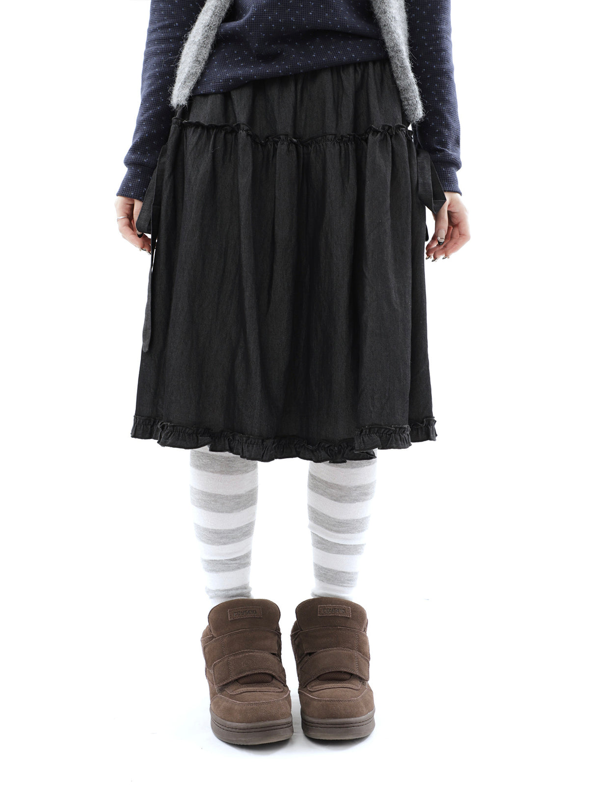 Washed Black Ruffle-Tiered Denim Midi Skirt