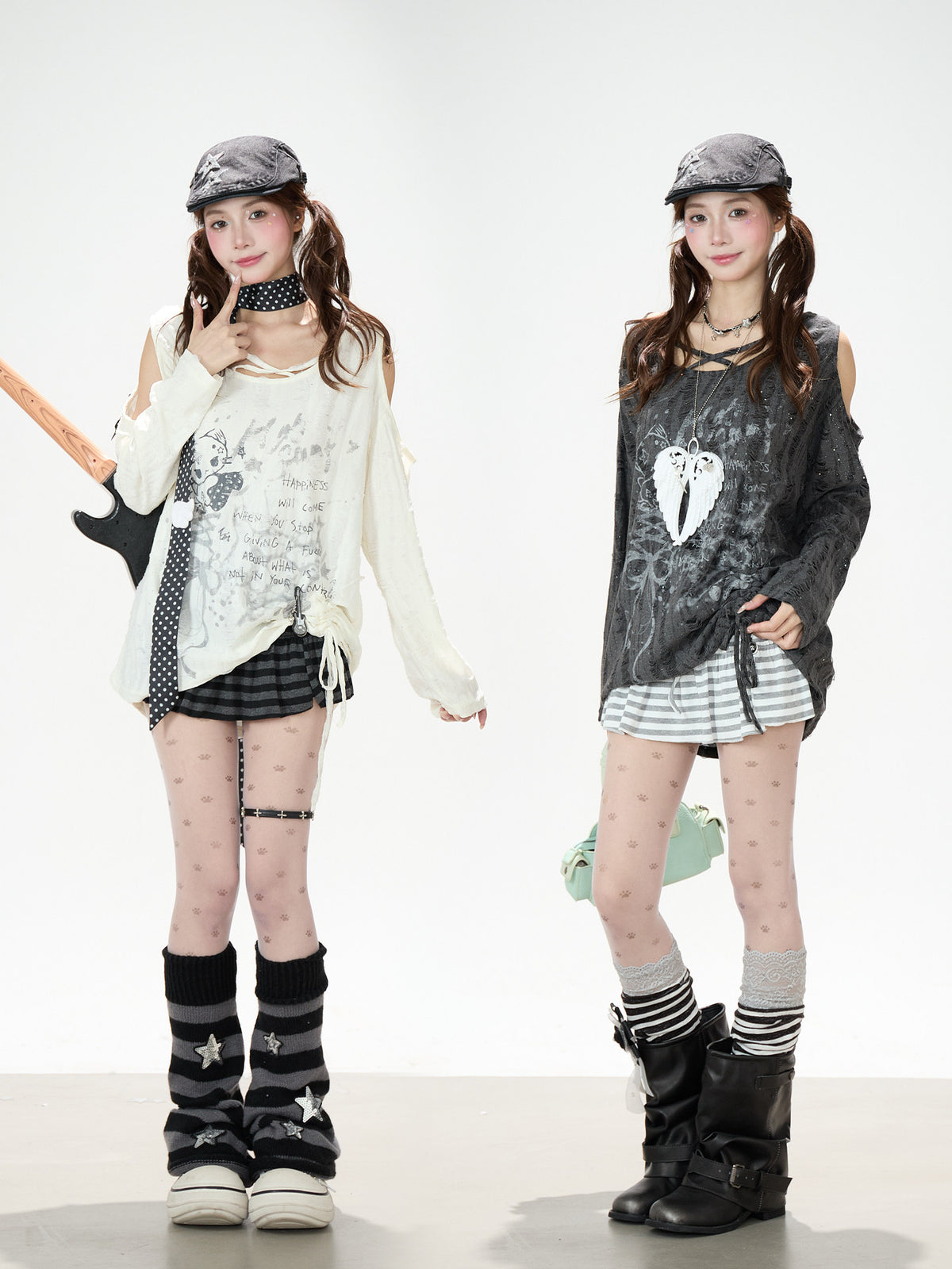 Distressed Cold-Shoulder Graphic Long Sleeve Top & Striped Drawstring Ruffle Mini Skirt