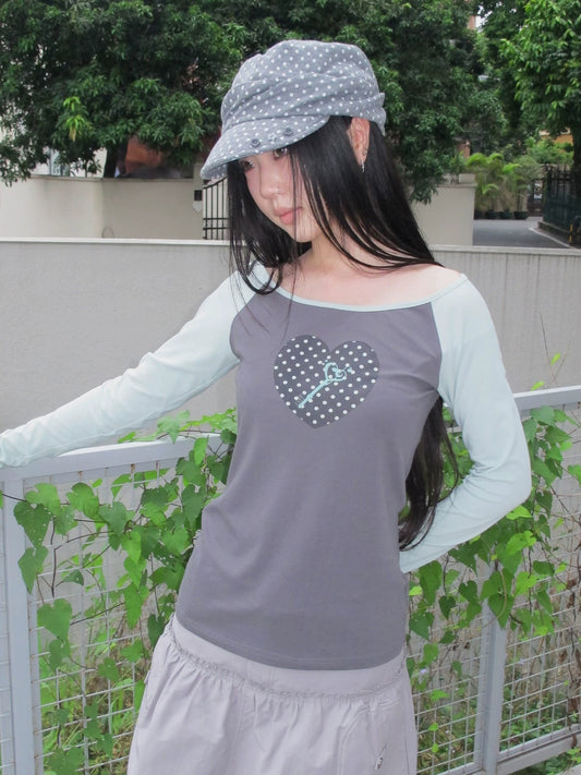 Polka Dot Heart Key Contrast Raglan Long Sleeve Tee