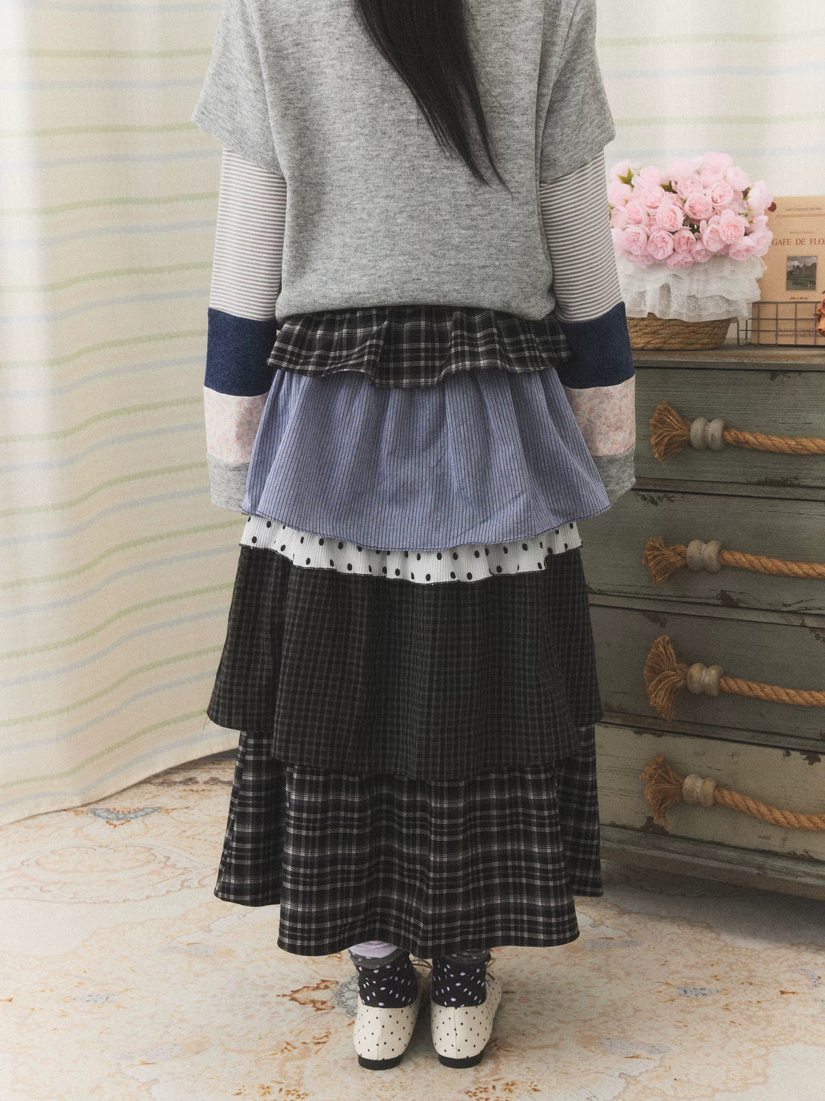 Mixed Plaid Tiered Patchwork Midi Skirt