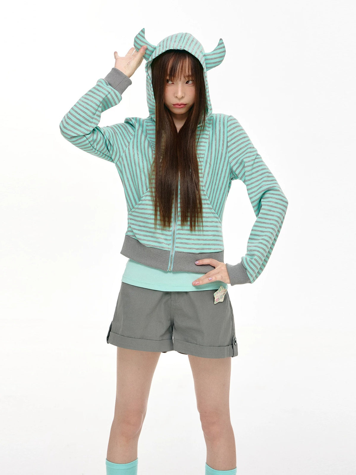 Mint Stripe Devil-Horn Zip-Up Hoodie
