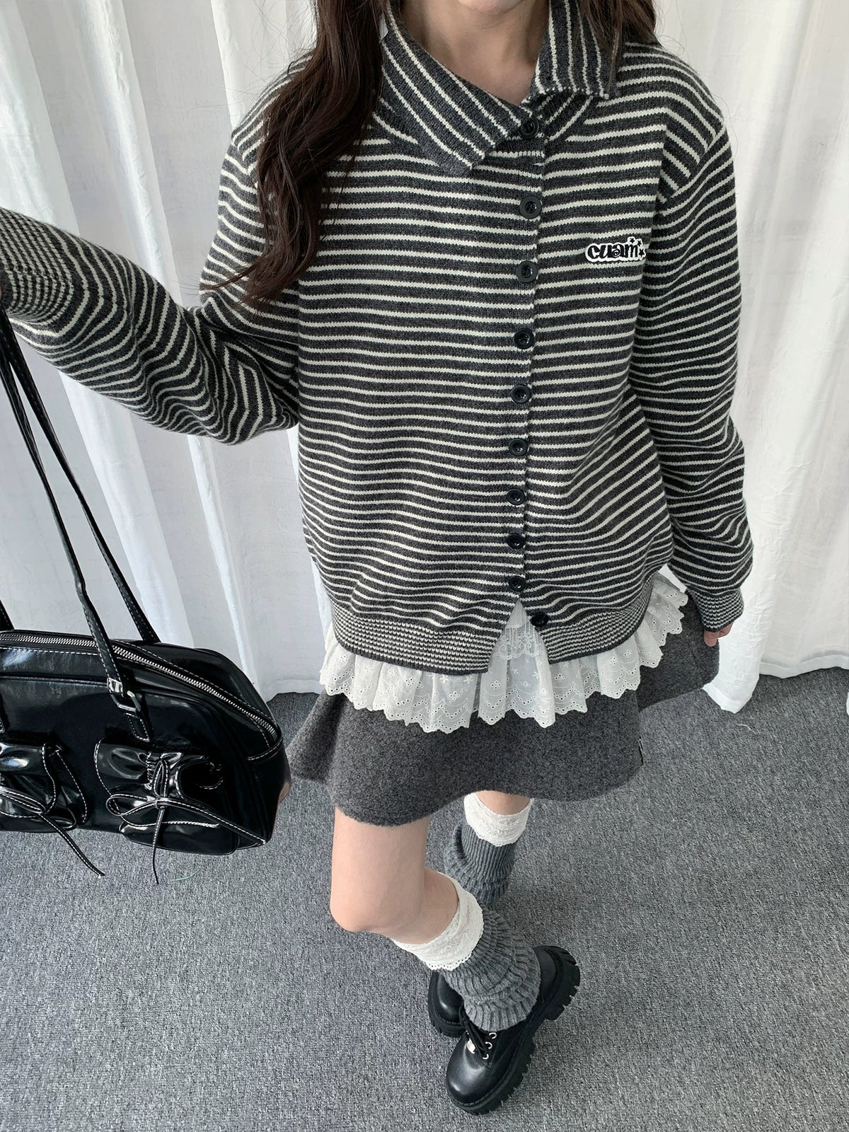 Striped Polo-Collar Knit Cardigan