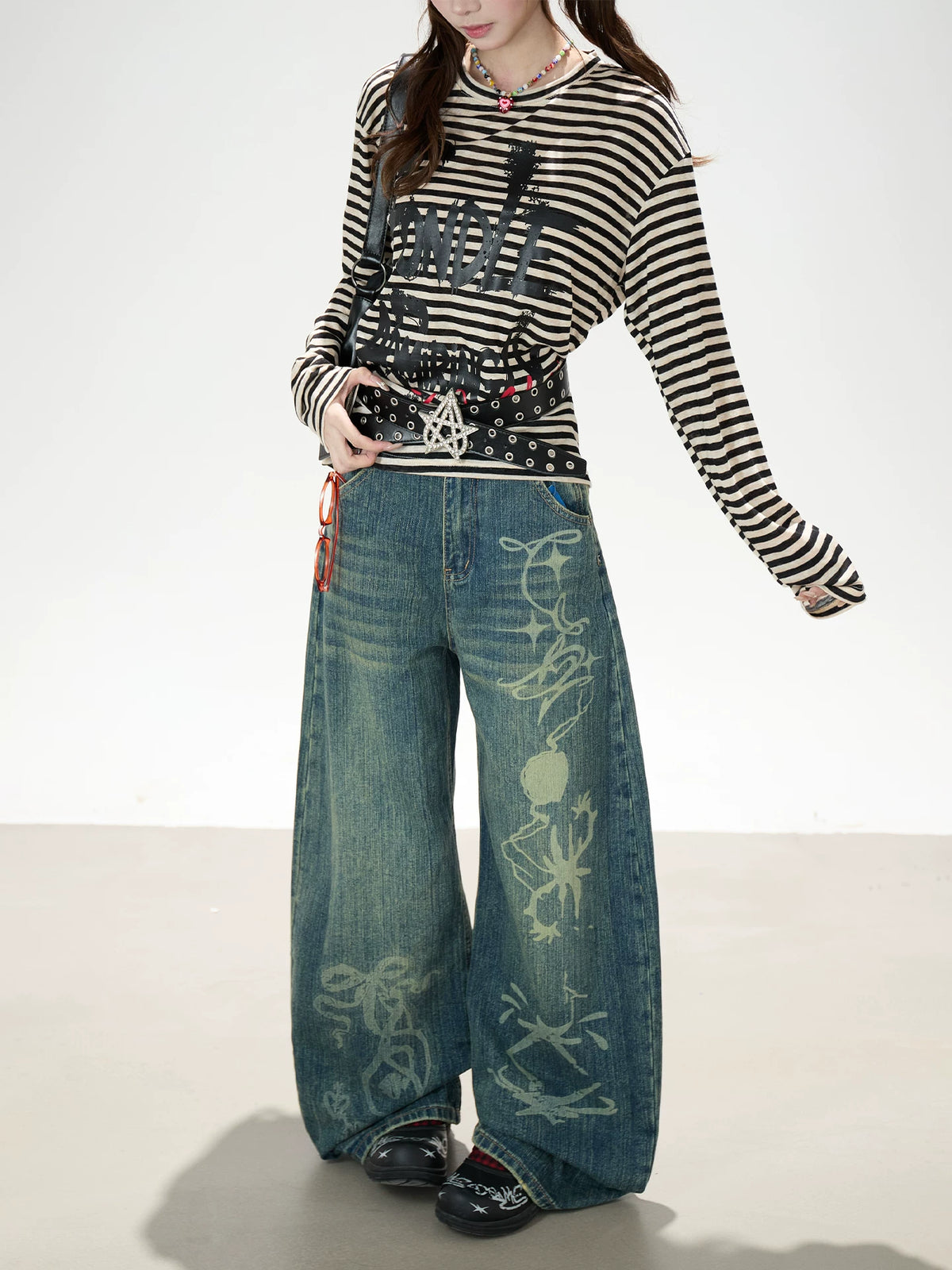 Distressed Striped Long Sleeve Top & Graphic Wide-Leg Pants