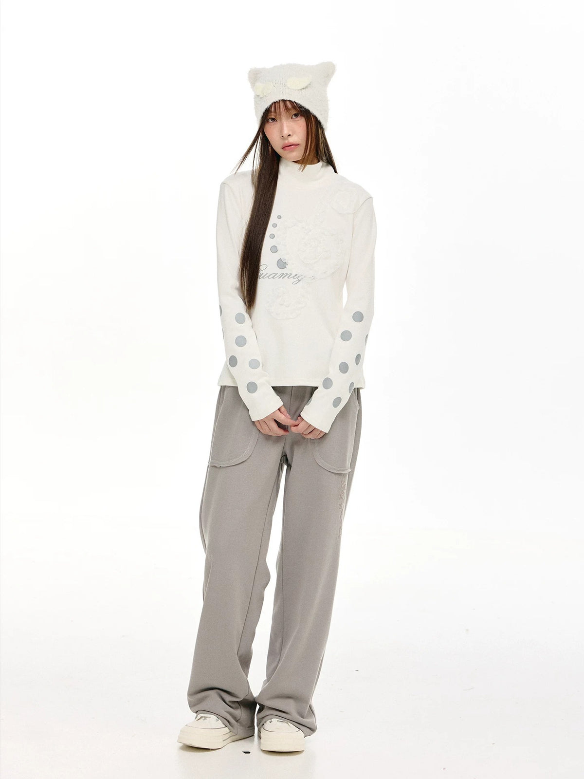 Lace Music Note Appliqué Mock Neck Long Sleeve Top