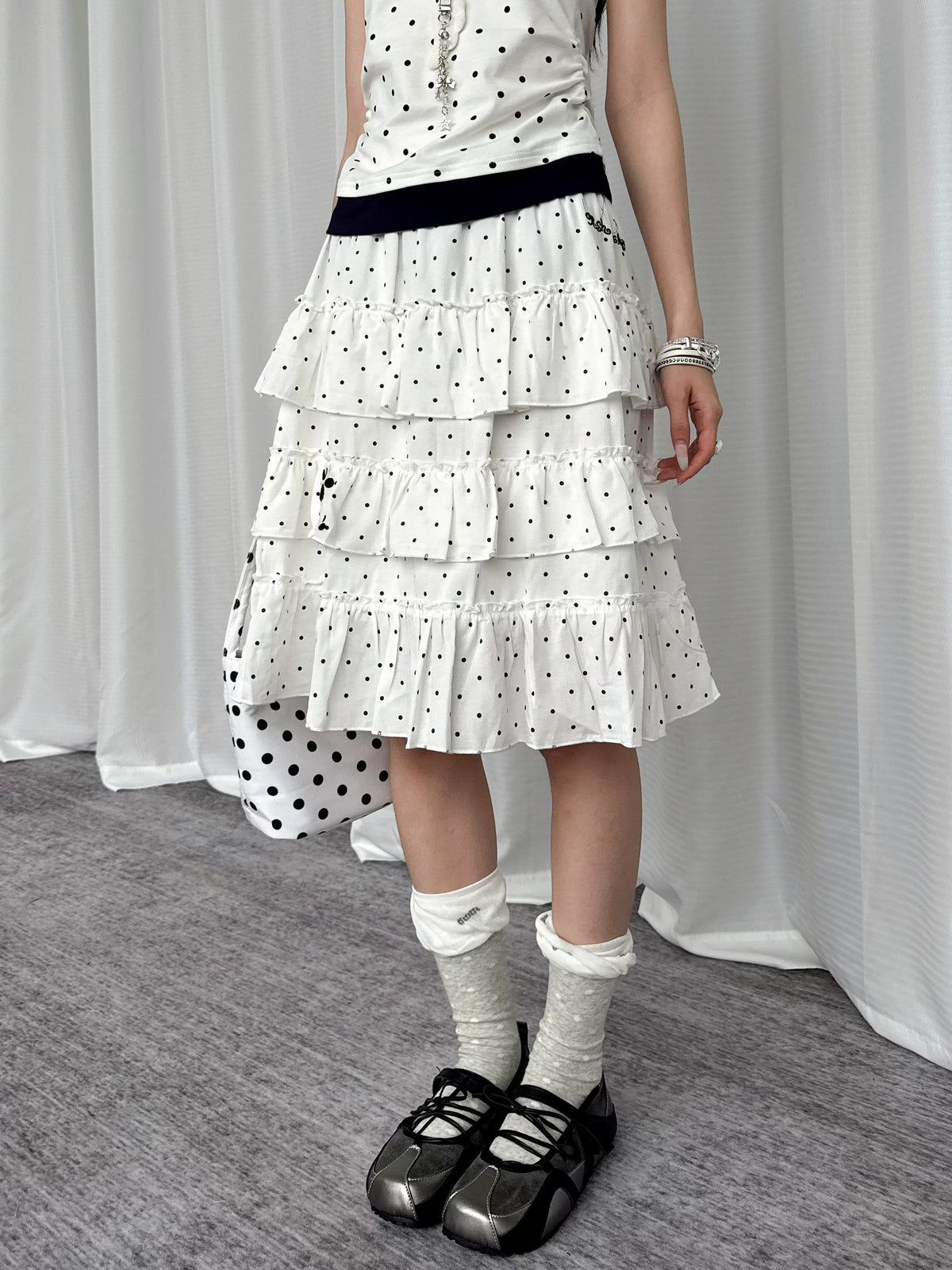 Paw Embroidered Polka Dot Tiered Midi Skirt