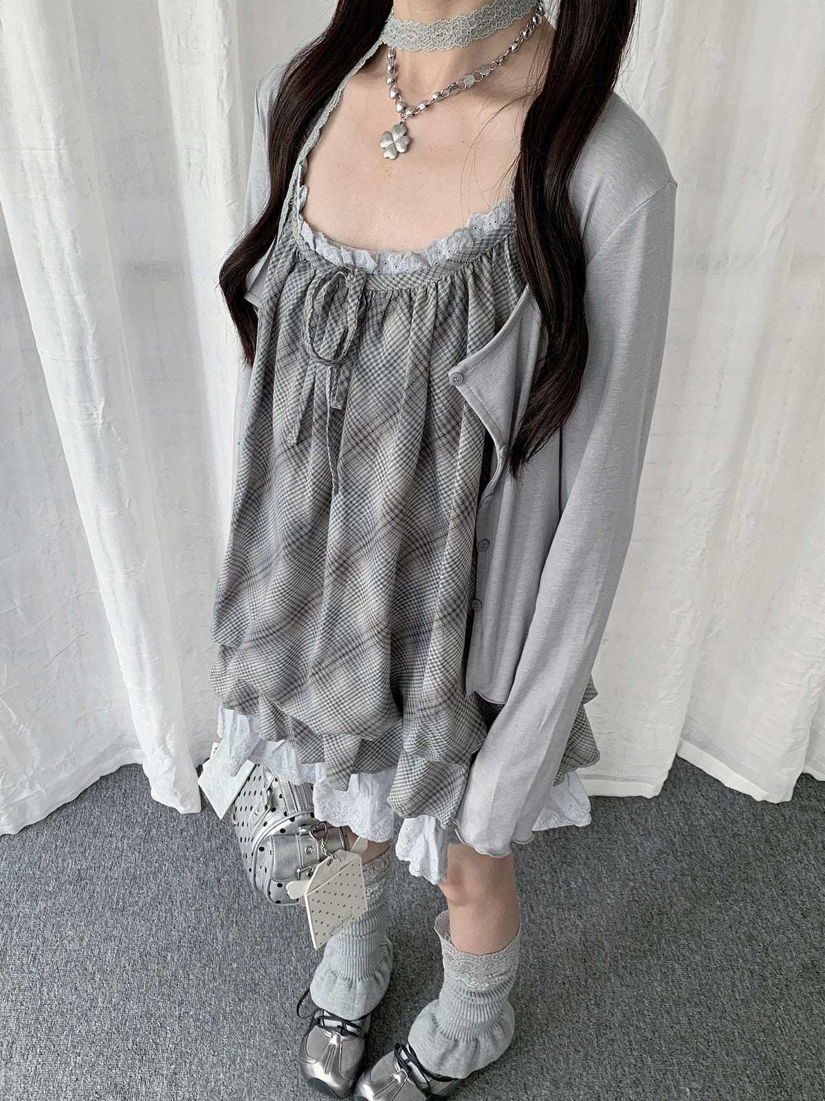 Dusty Blue Plaid Lace Bubble Dress Three-Piece Set