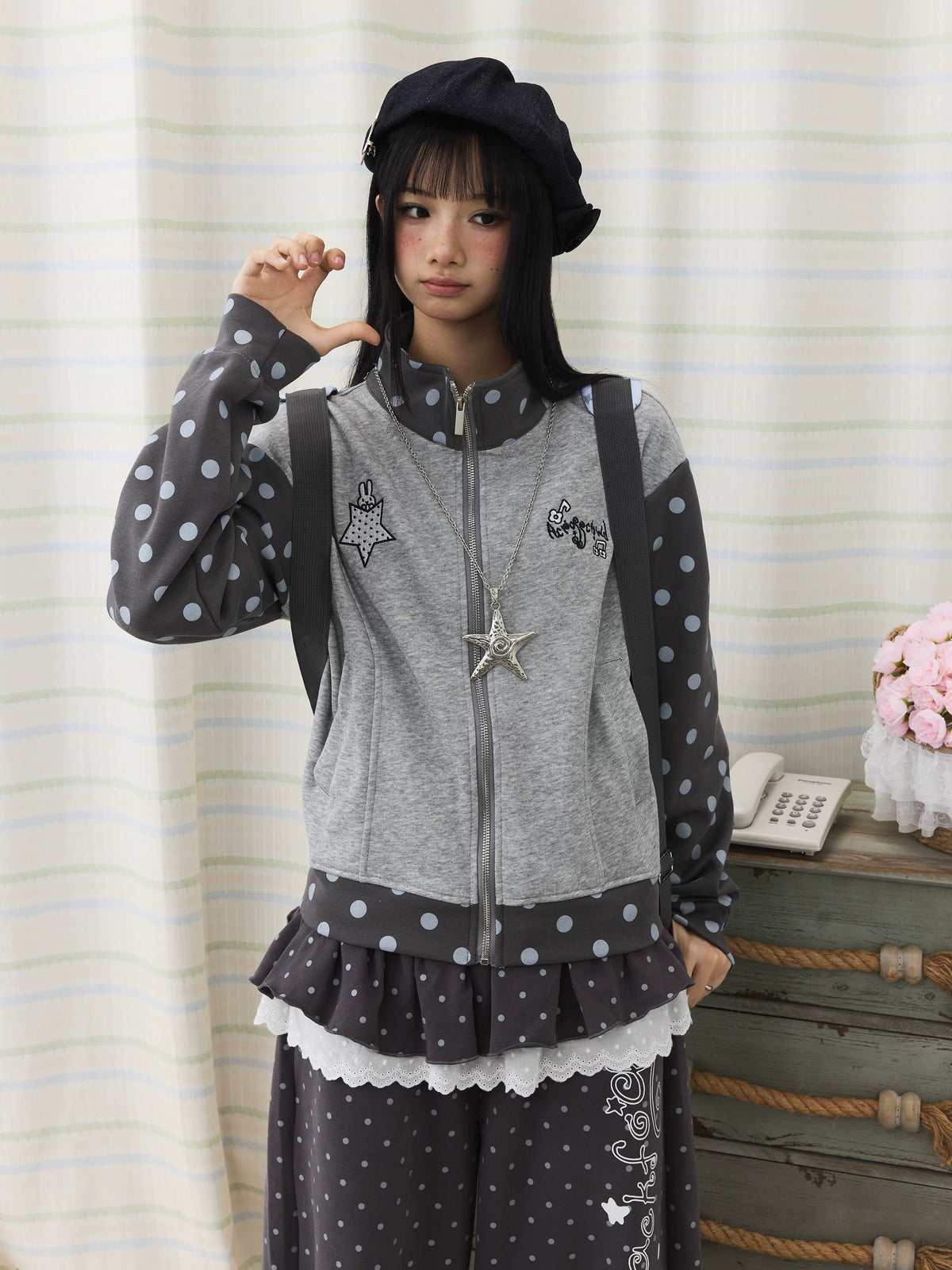 Polka Dot Contrast Embroidered Zip-Up Jacket
