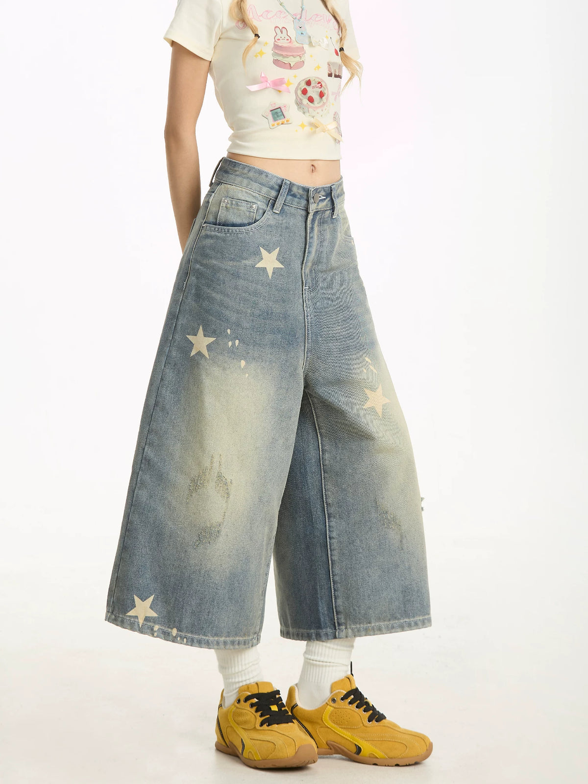 Washed Star Print Wide-Leg Denim Capri Pants