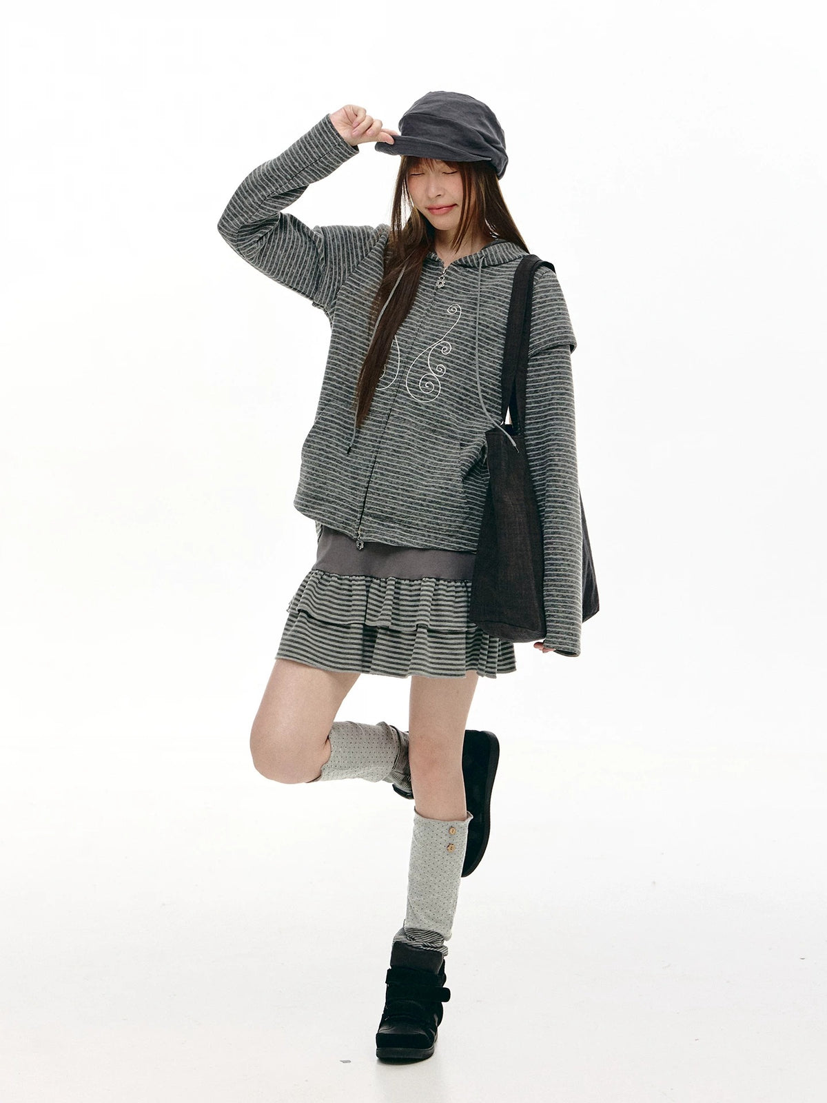 Charcoal Stripe Music Note Faux-Layer Zip Hoodie