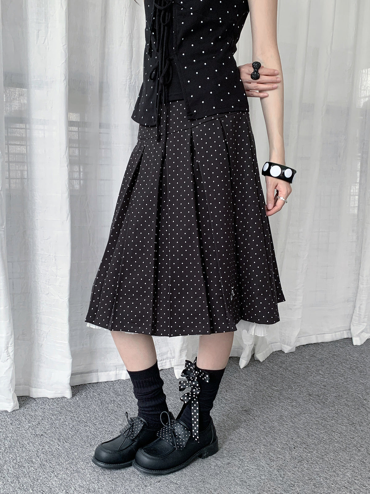Polka Dot Pleated Ruffle Midi Skirt