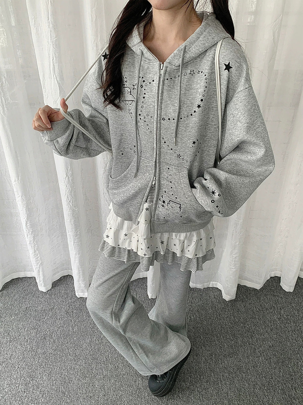 Bunny-Ear Star Doodle Zip-Up Hoodie