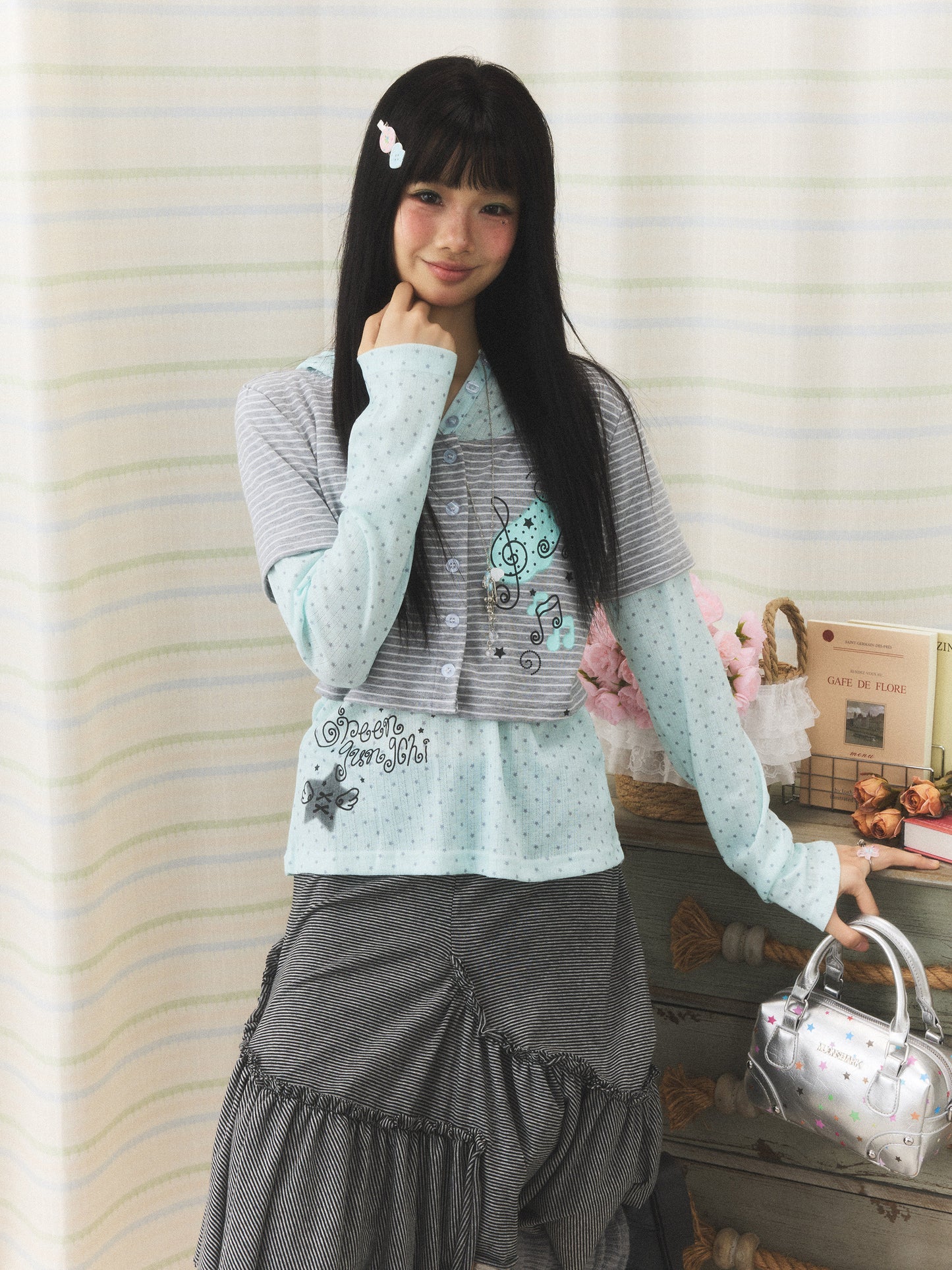 Mint Melody Faux-Layer Hooded Long-Sleeve Top