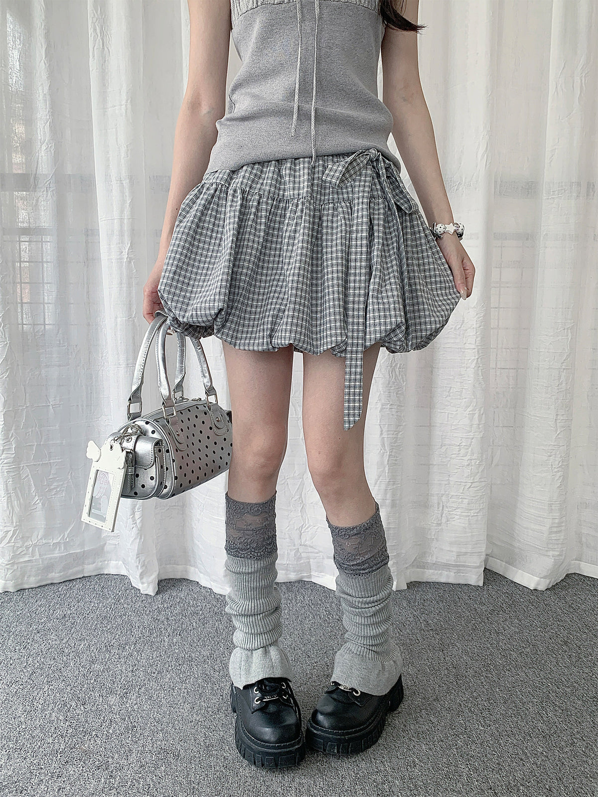 Light Gray Plaid Bow Bubble Mini Skirt