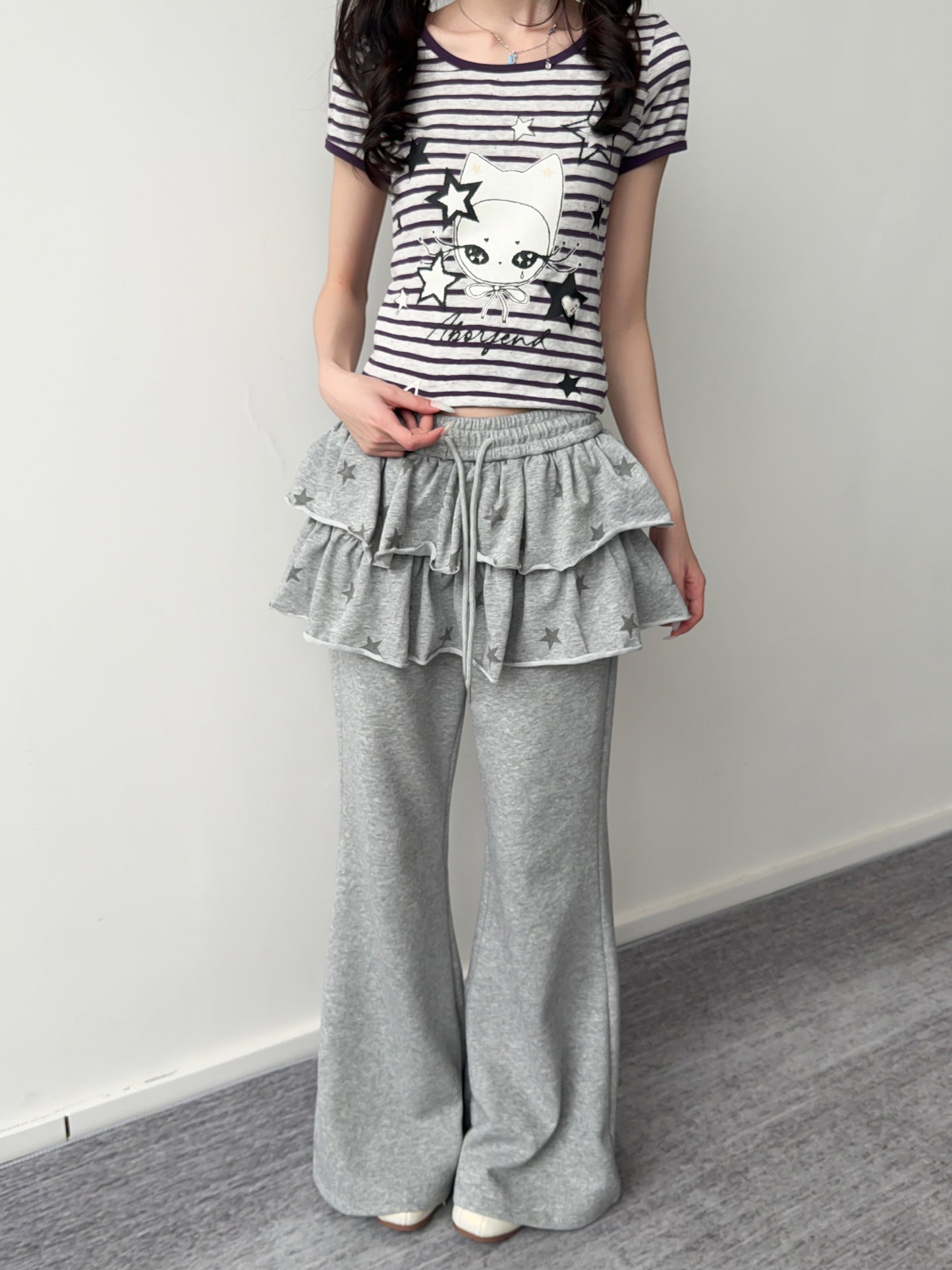 Purple Stripe Star Girl Ruffle-Hem Tee