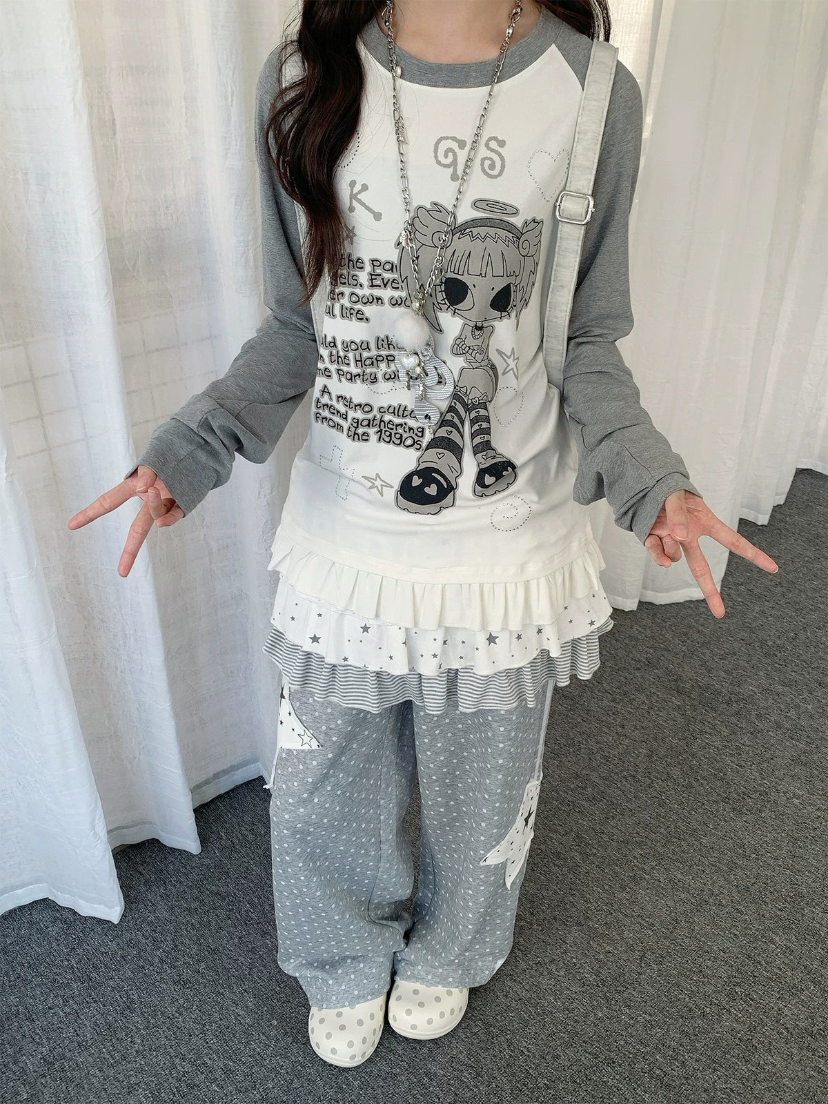 Angel Girl Graphic Raglan Ruffle Long Sleeve Top