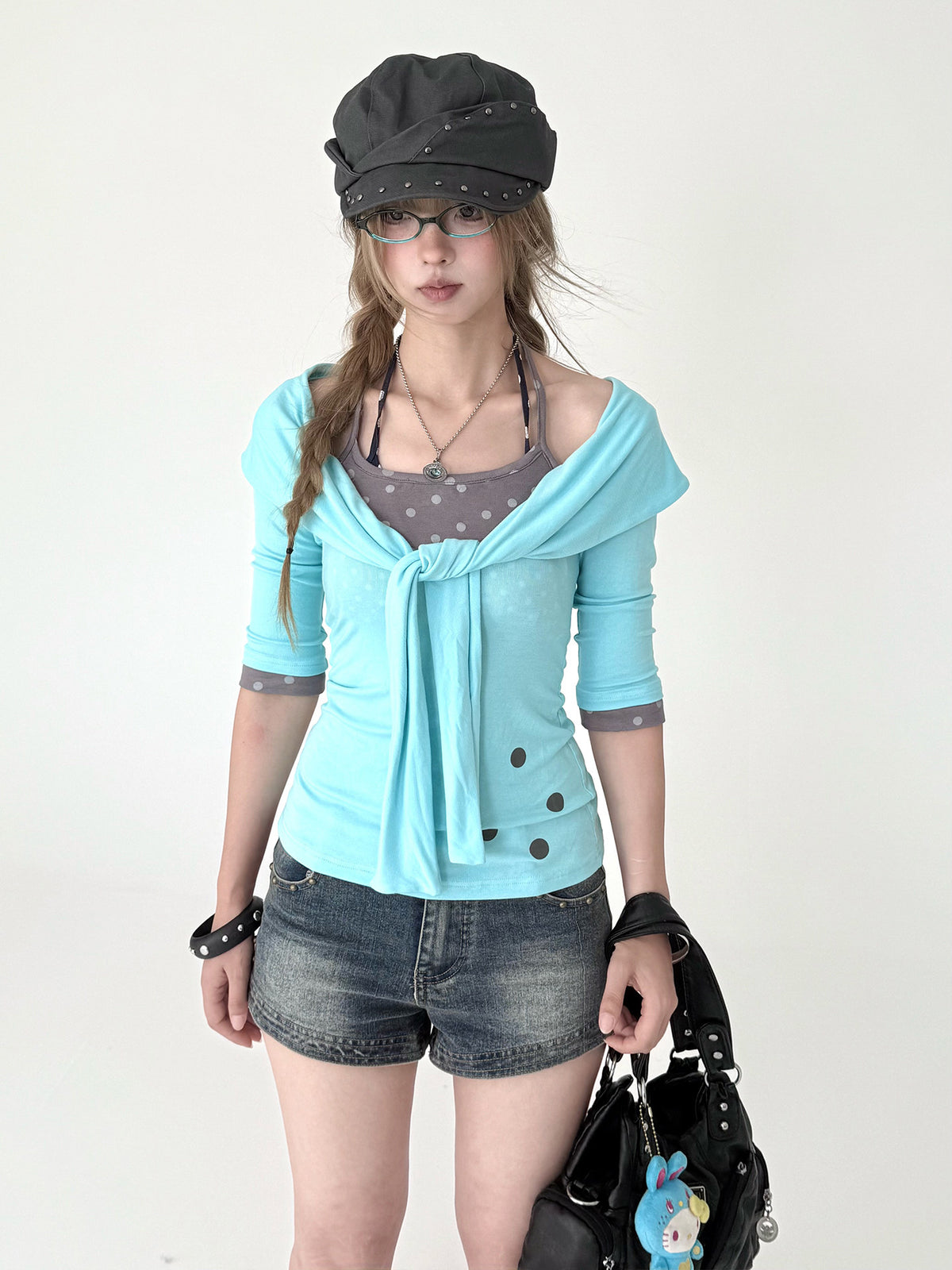 Aqua Tie-Front Faux Layered Henley Top