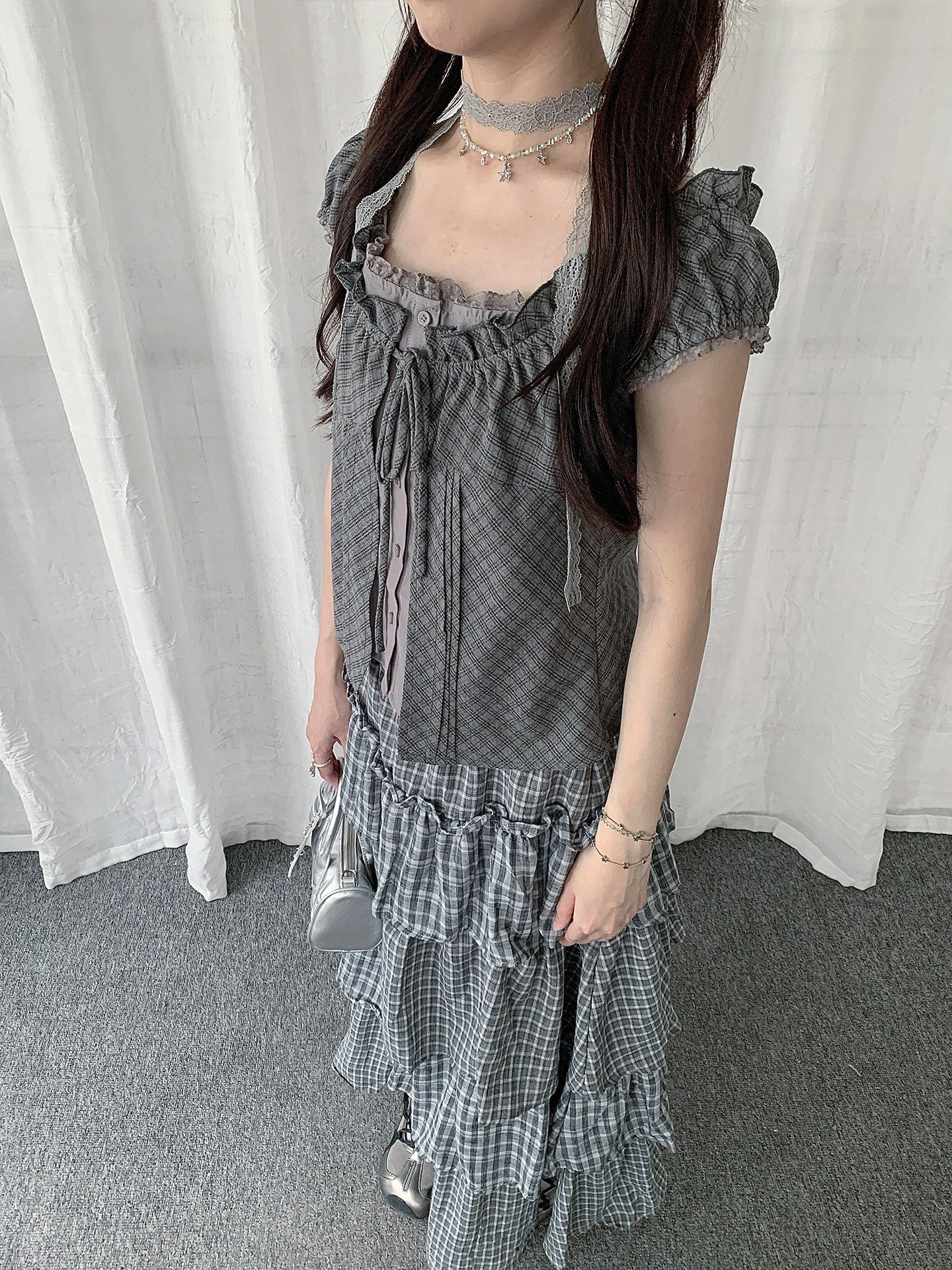 Gray Plaid Tie-Front Layered Puff-Sleeve Top