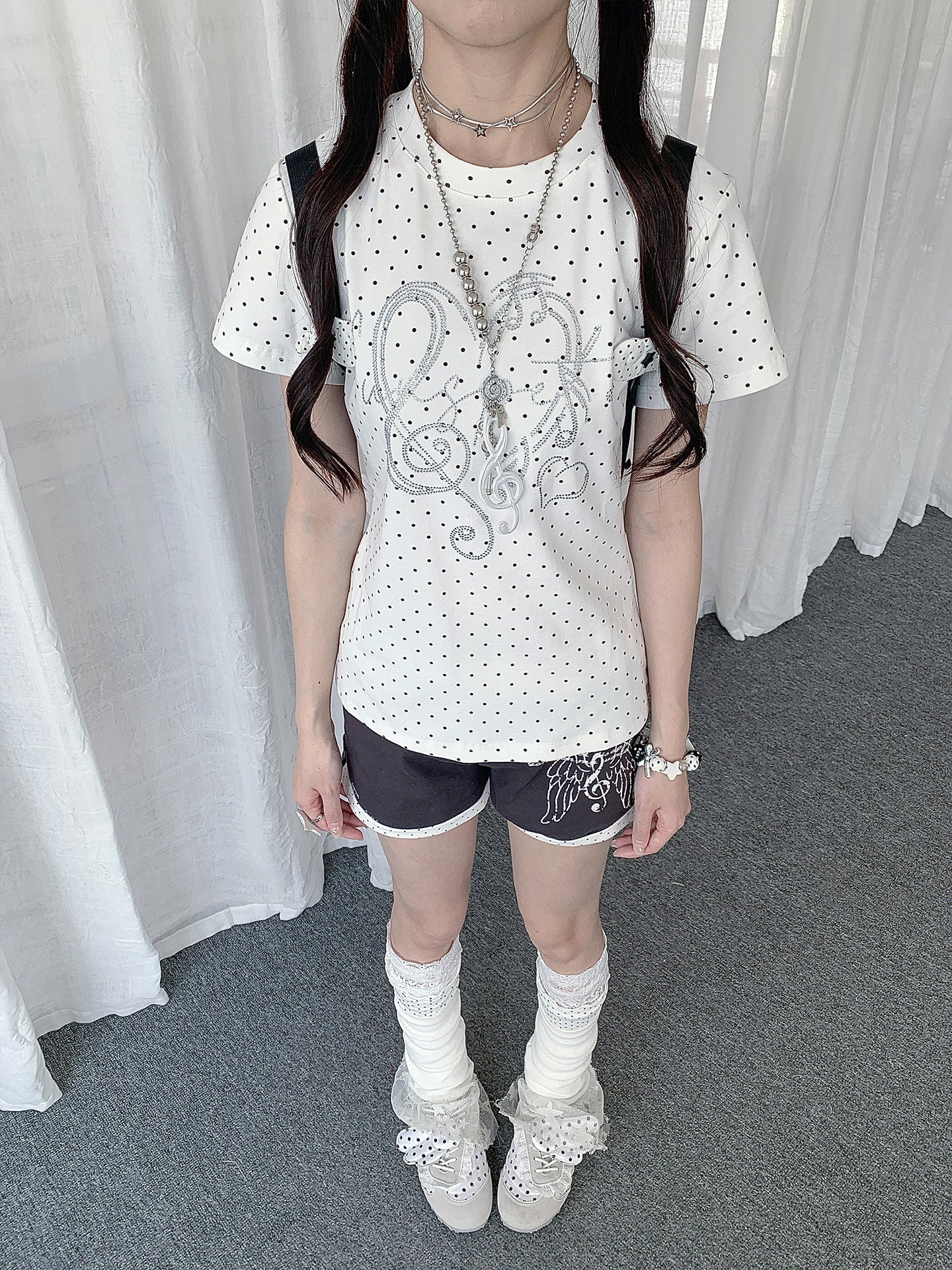 Heart Note Rhinestone Polka Dot Fitted Tee