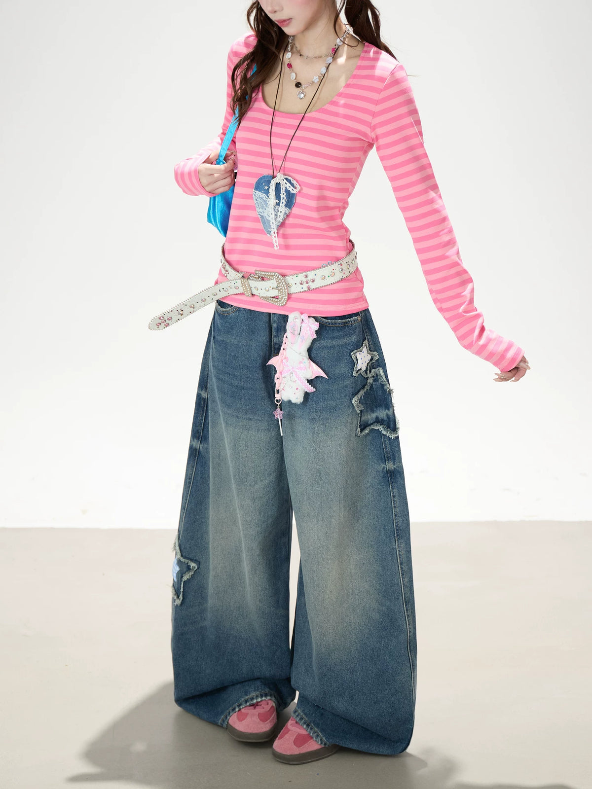 Pink Stripe U-Neck Long Sleeve Top & Star Patch Wide-Leg Jeans