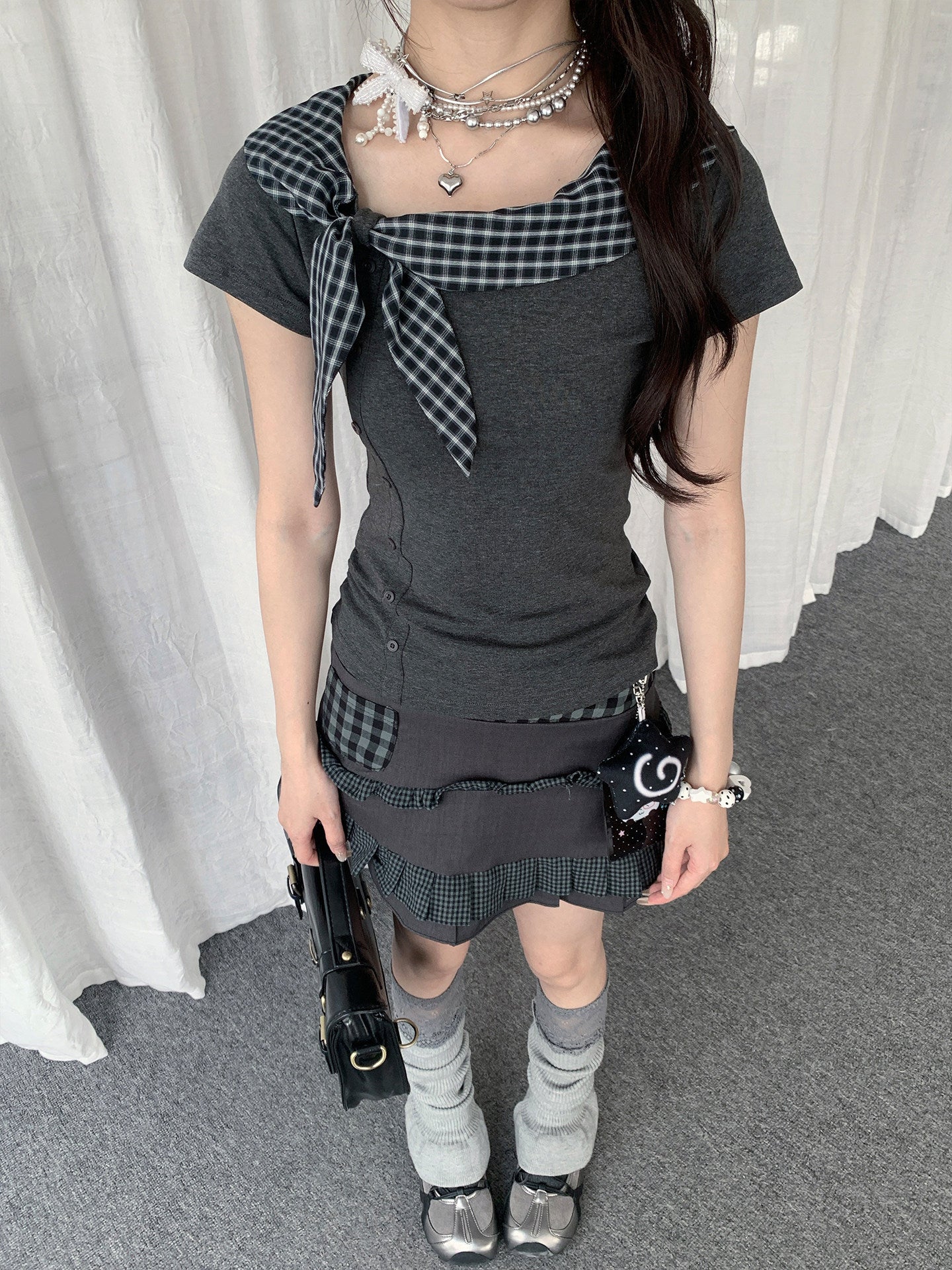 Plaid Scarf-Tie Fitted Tee