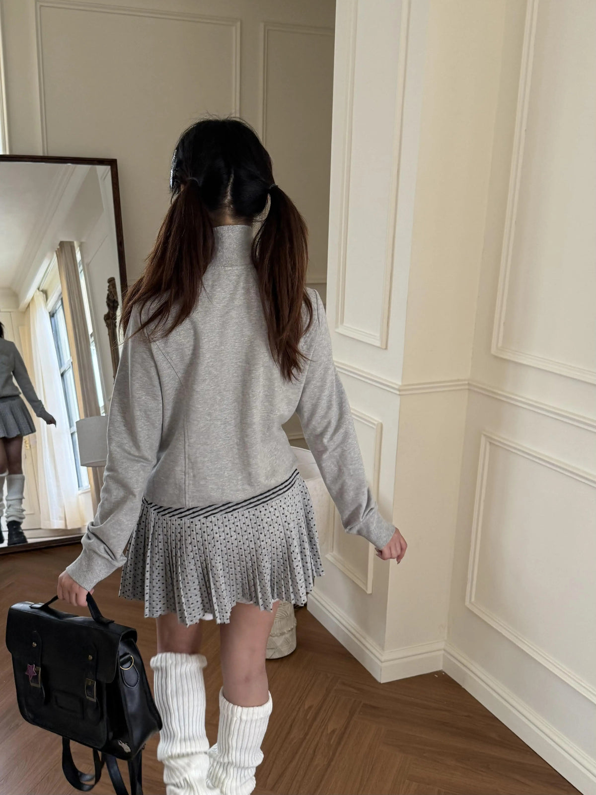 Gray Polka Dot Striped Pleated Knit Mini Skirt