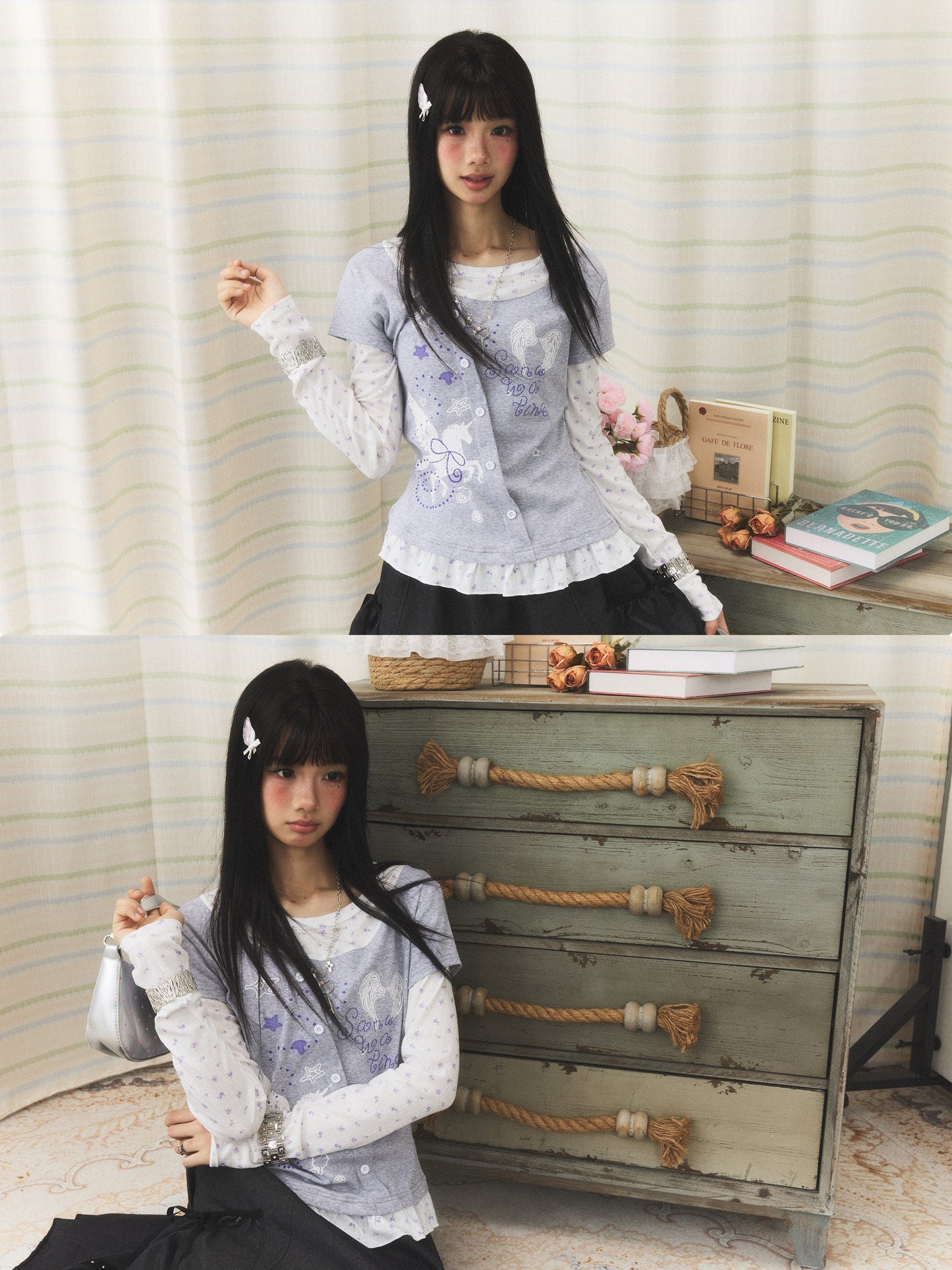 Lavender Wing Floral Faux-Layer Long-Sleeve Tee