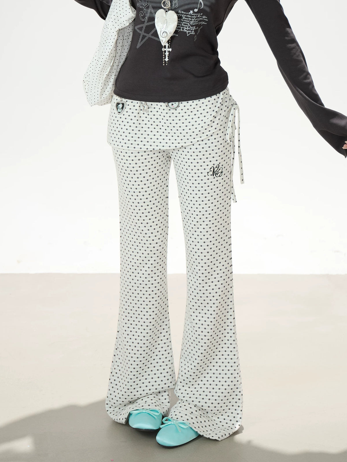Polka Dot Ruffle Overlay Flare Sweatpants