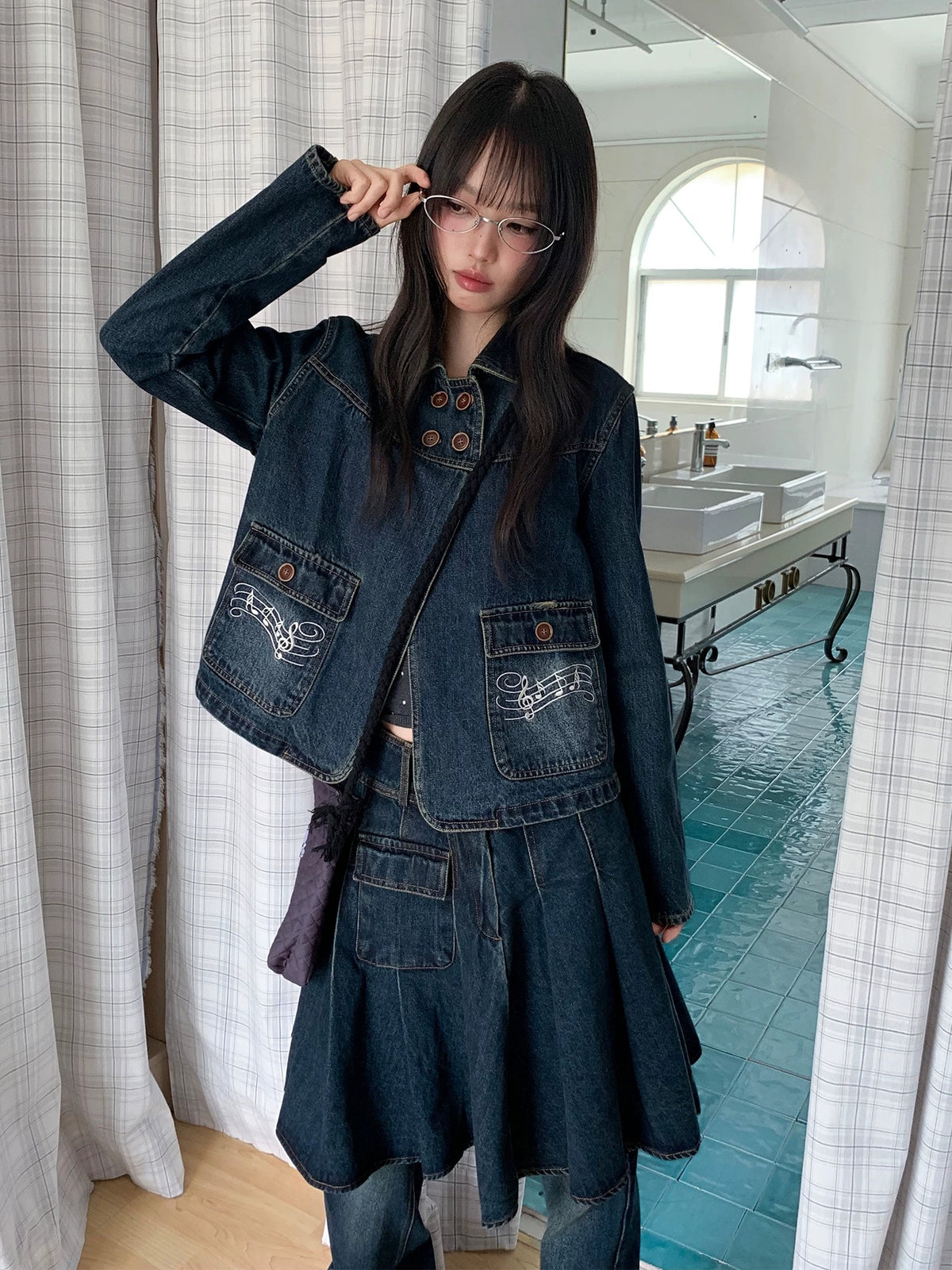 Washed Denim Utility Pleated Skirt