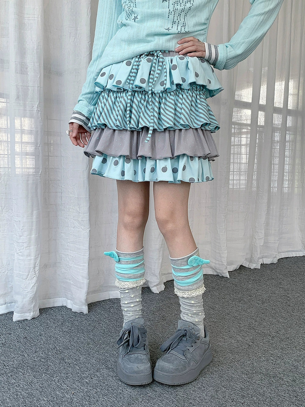 Polka Dot Stripe Tiered Mini Skirt