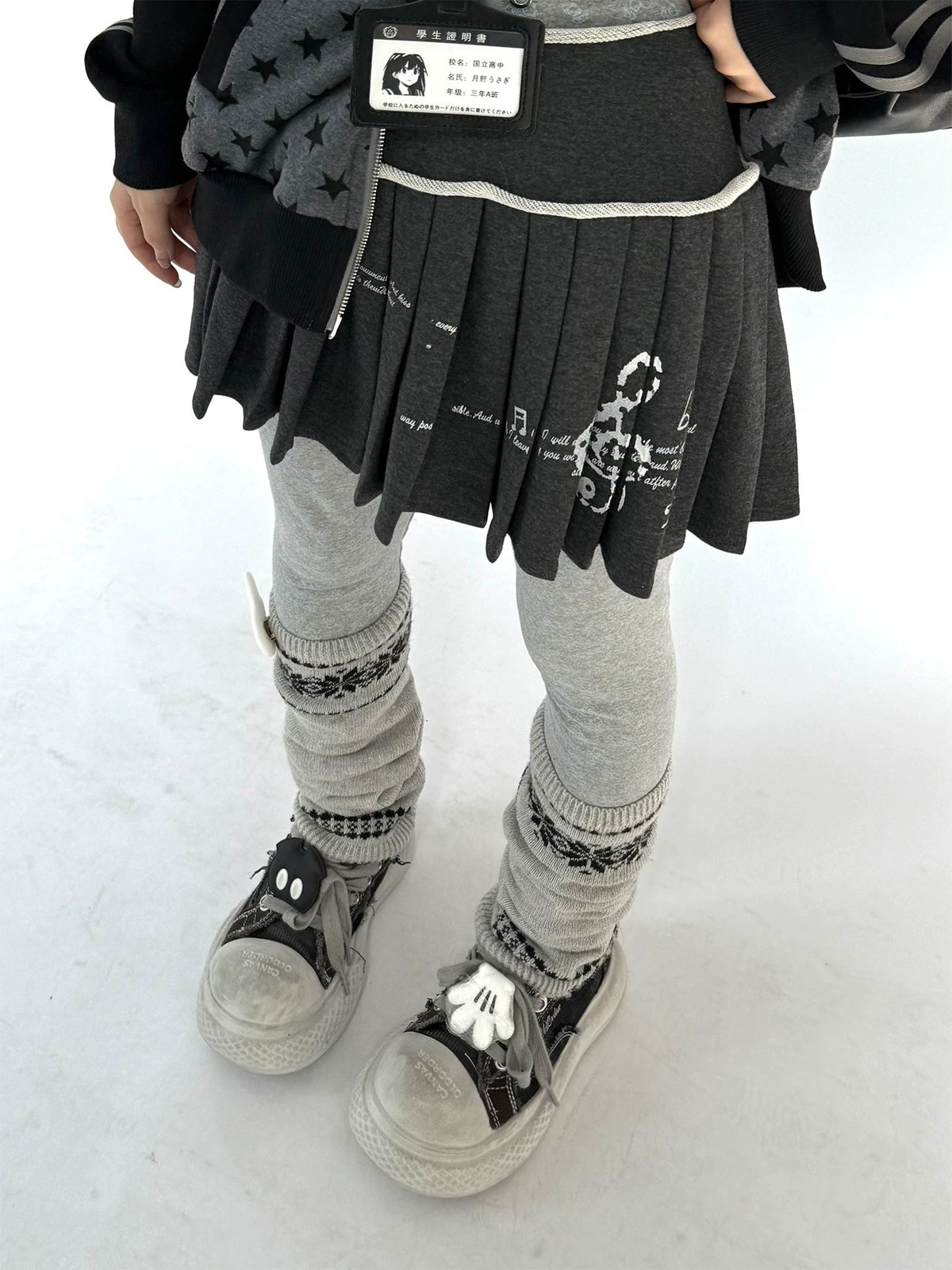 Music Note Rolled-Waist Pleated Mini Skirt