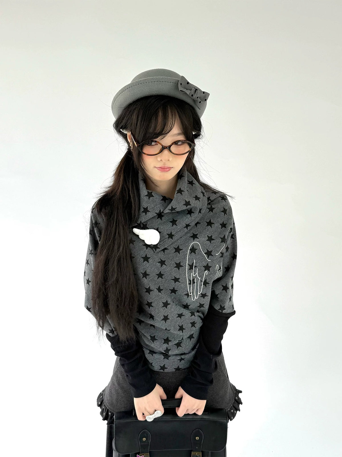 Asymmetric Star Drape Faux-Layer Long Sleeve Top
