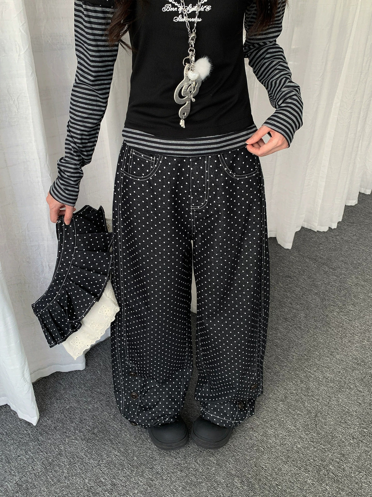 Detachable Polka-Dot Skirt-Panel Wide-Leg Jeans