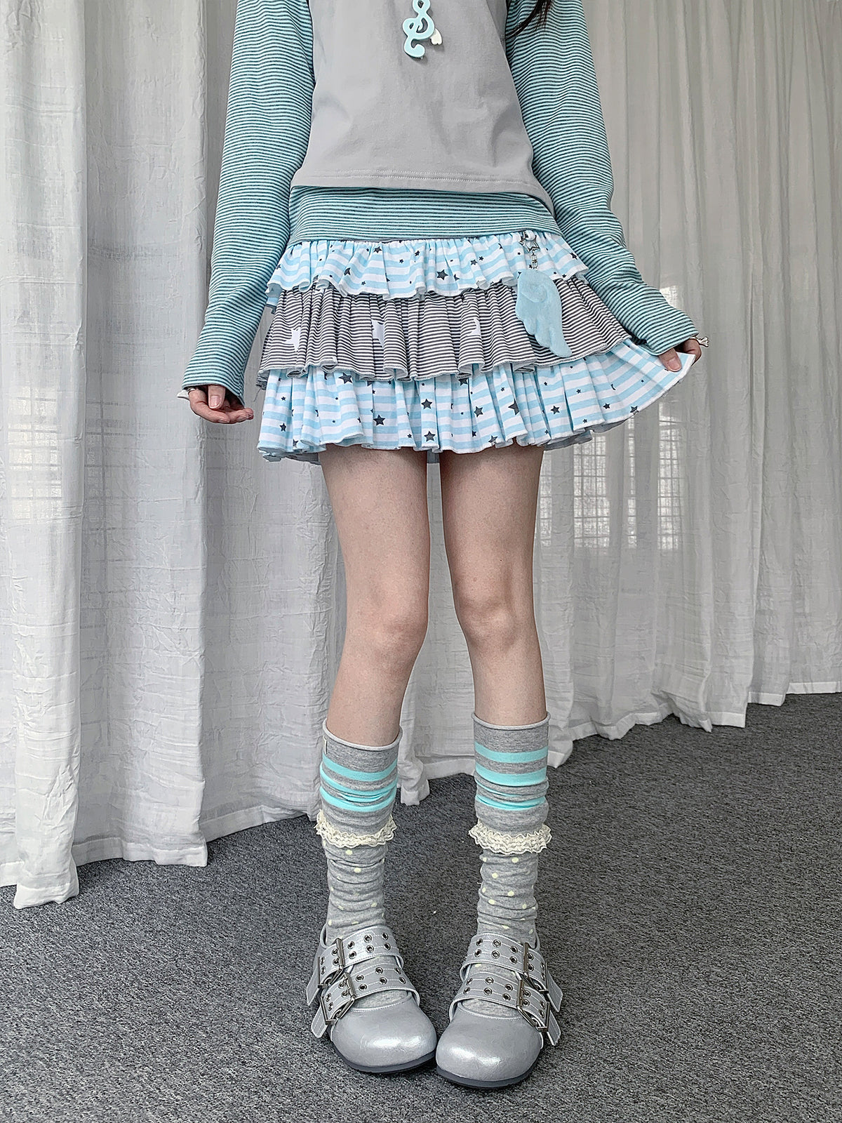 Soft Blue Star Stripe Tiered Ruffle Mini Skirt