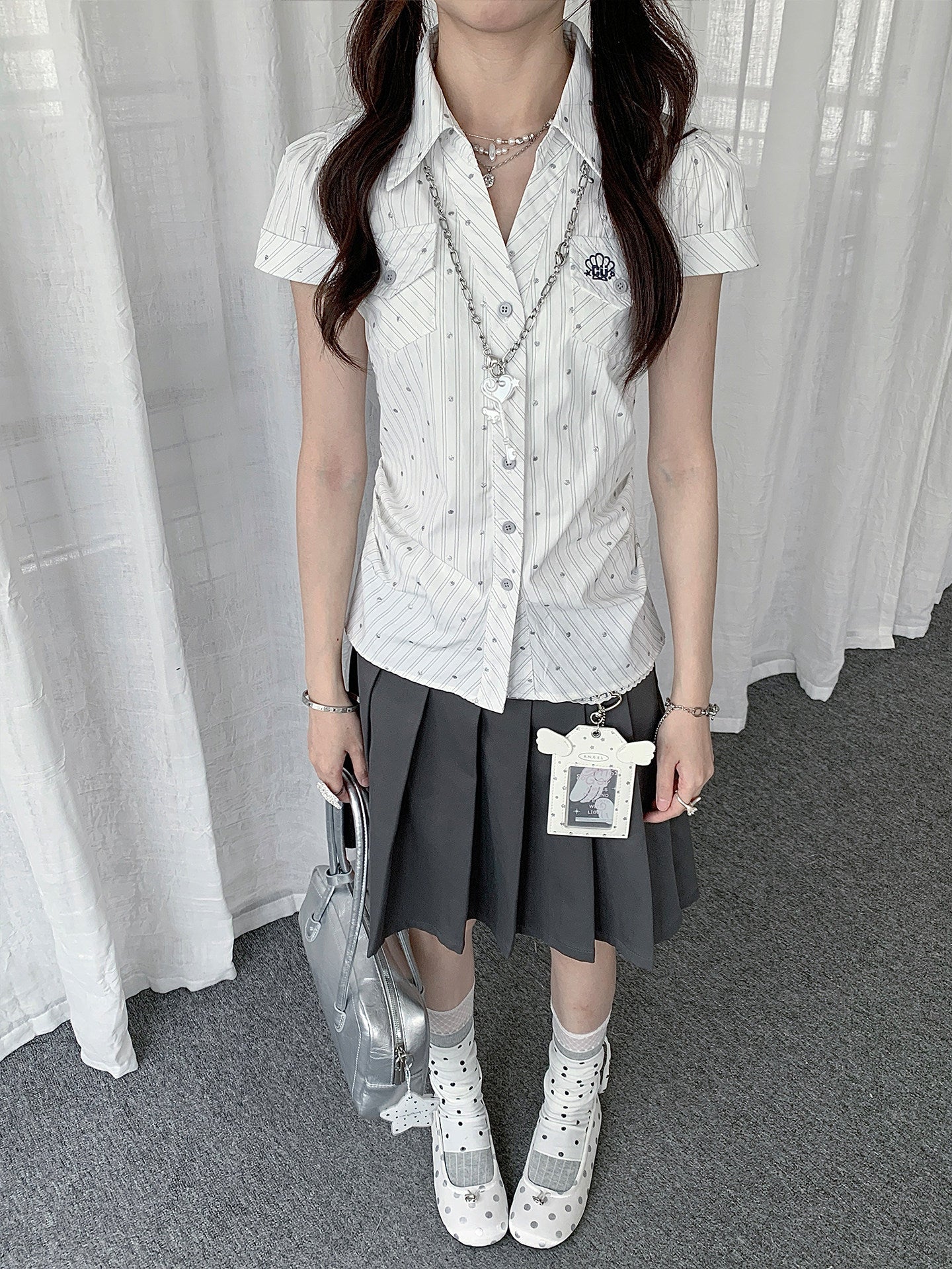 Silver Dot Pinstripe Fitted Short-Sleeve Shirt