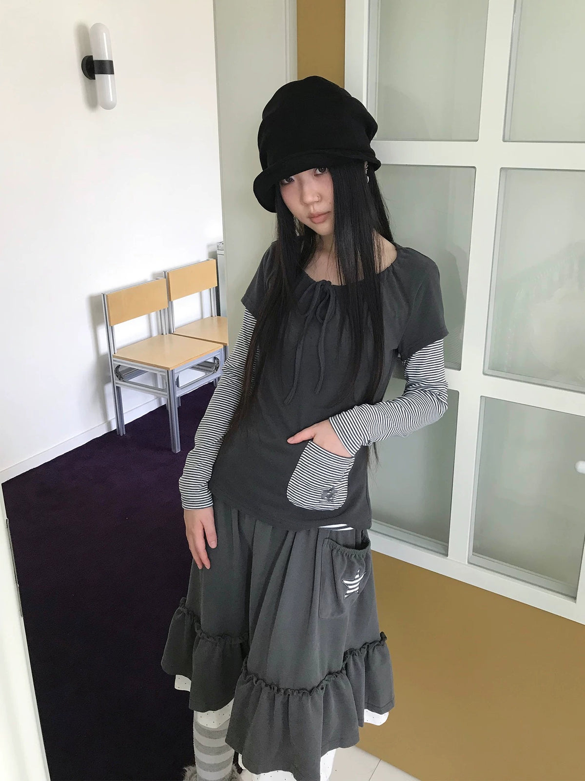 Tie-Neck Striped Faux-Layer Long Sleeve Top