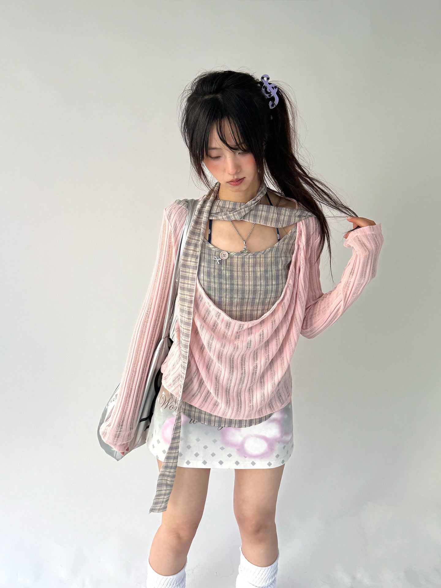 Dusty Pink Plaid Cowl-Neck Layered Top
