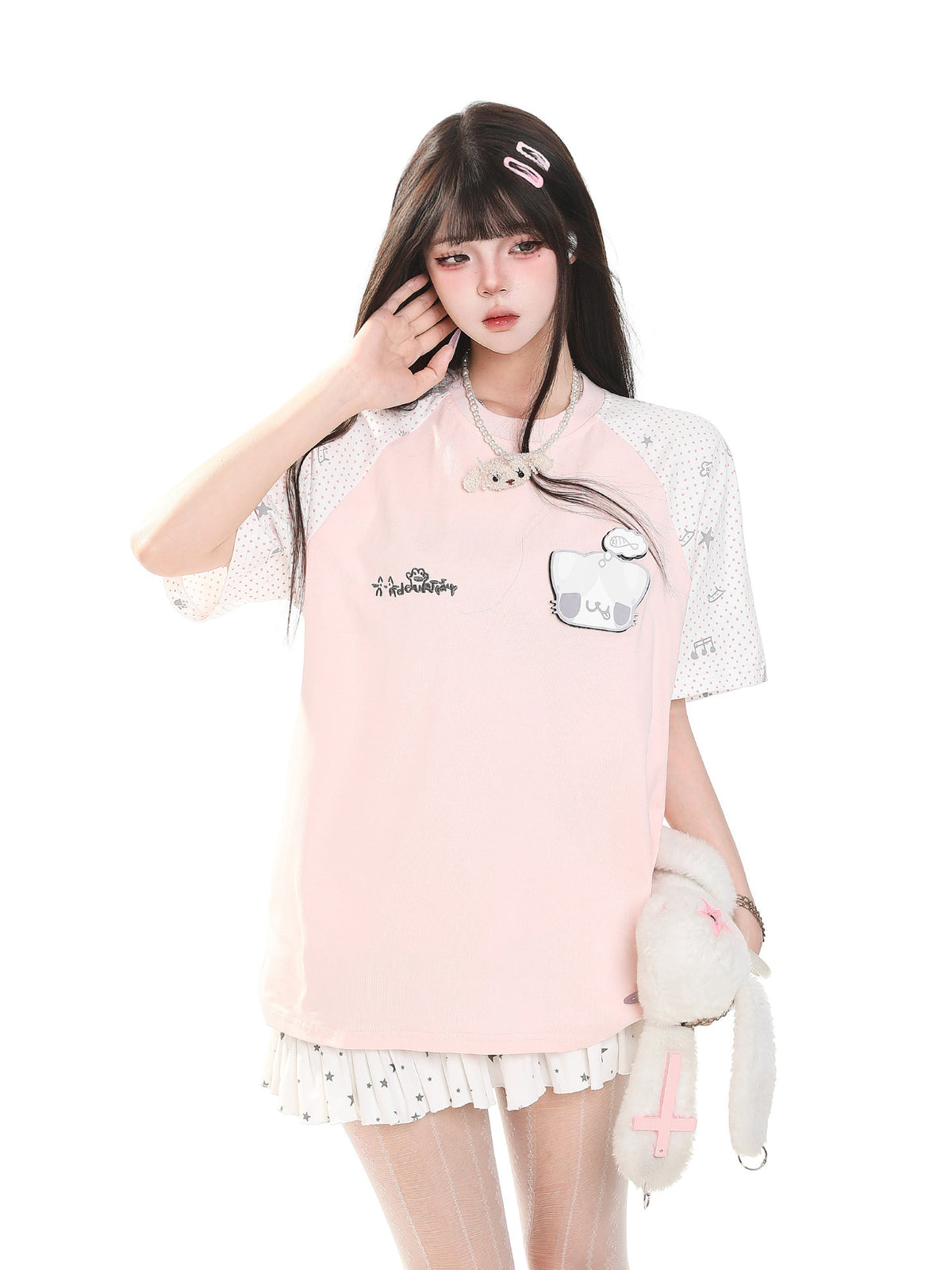 Embroidered Kitty Raglan Oversized Tee