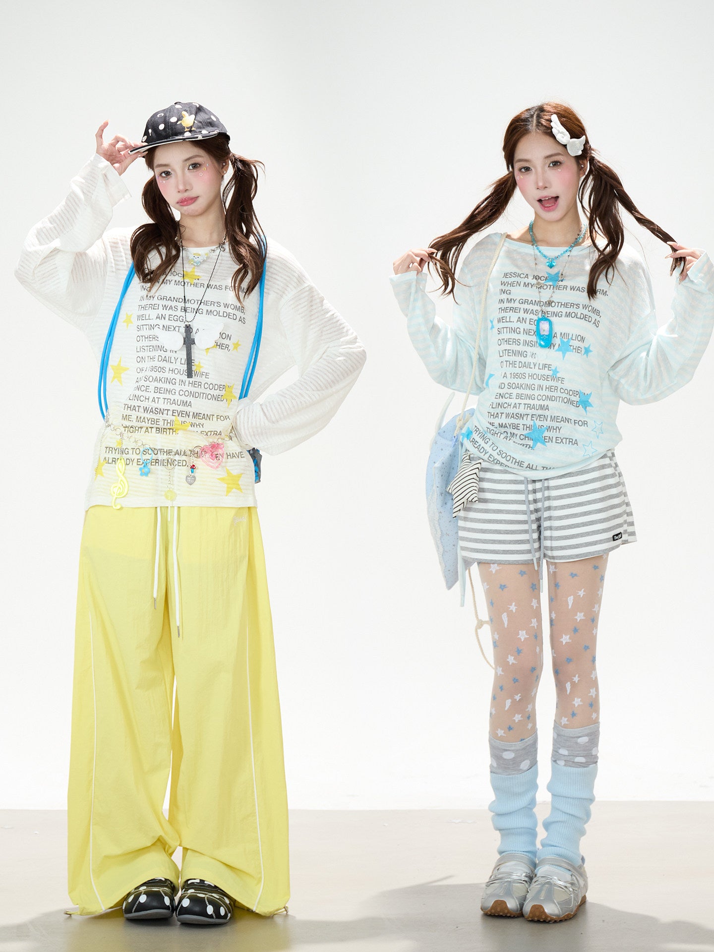 Star Stripe Sheer Long Sleeve Top & Gray Striped Drawstring Shorts