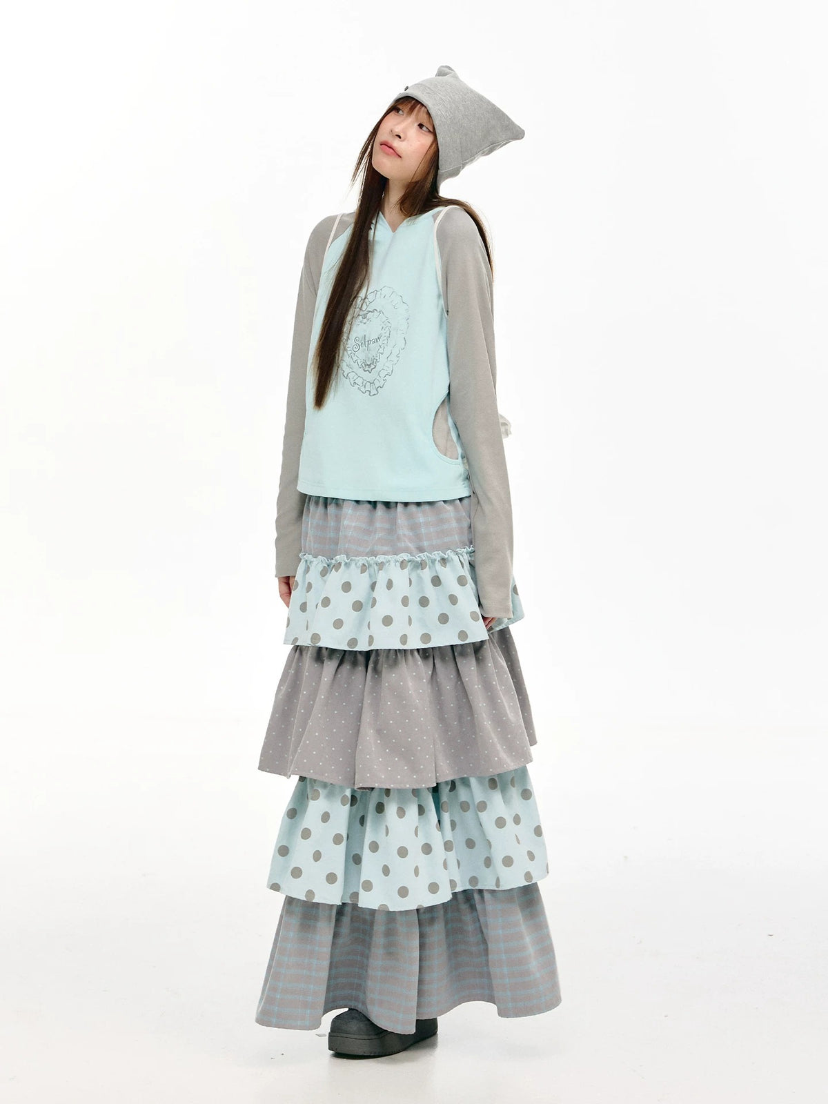 Mint Heart Contrast Hooded Long Sleeve Top