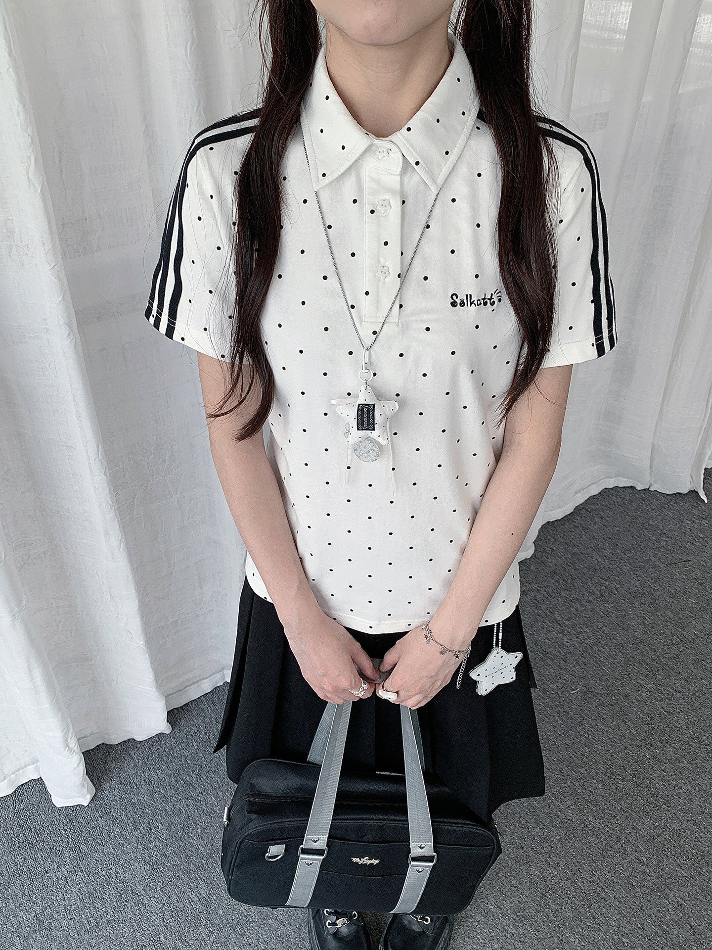 Polka Dot Stripe-Trim Fitted Polo Top