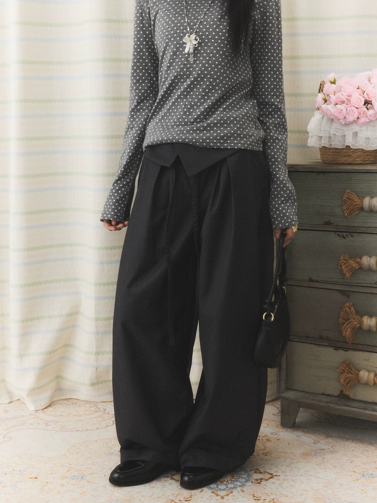 Foldover Tie Wide-Leg Trousers