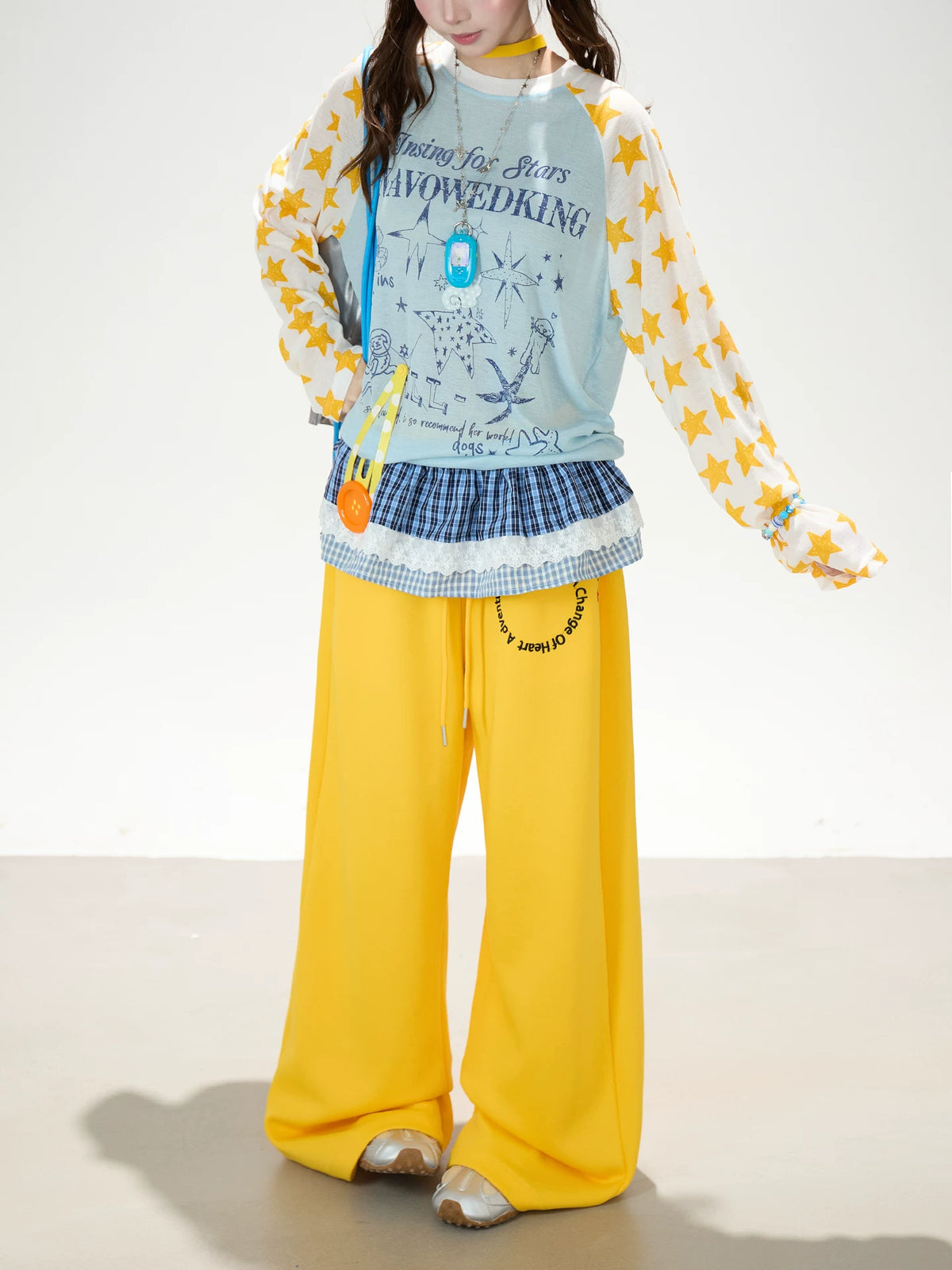 Star Graphic Contrast Raglan Long Sleeve Top & Yellow Wide-Leg Pants