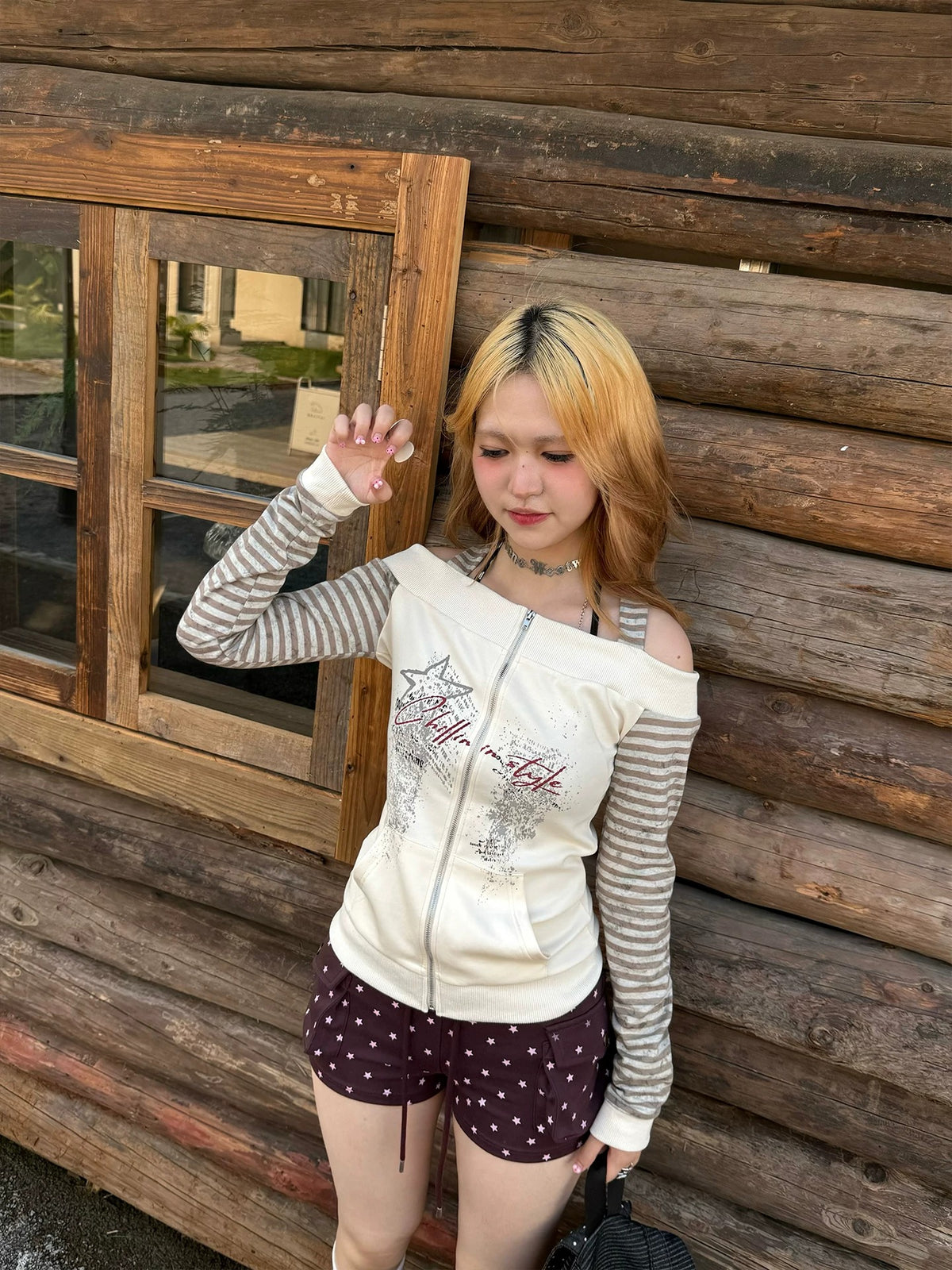 Ivory Off-Shoulder Stripe Zip-Up Long Sleeve Top