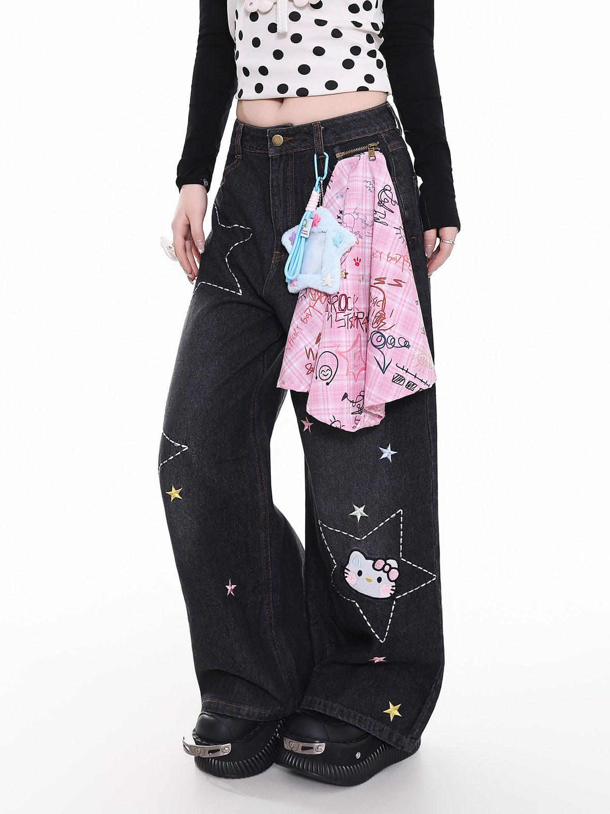 Cartoon Cat Star-Stitch Layered Wide-Leg Jeans with Charm