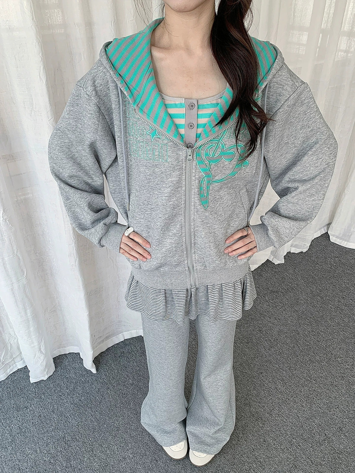 Music Note Embroidered Zip-Up Hoodie
