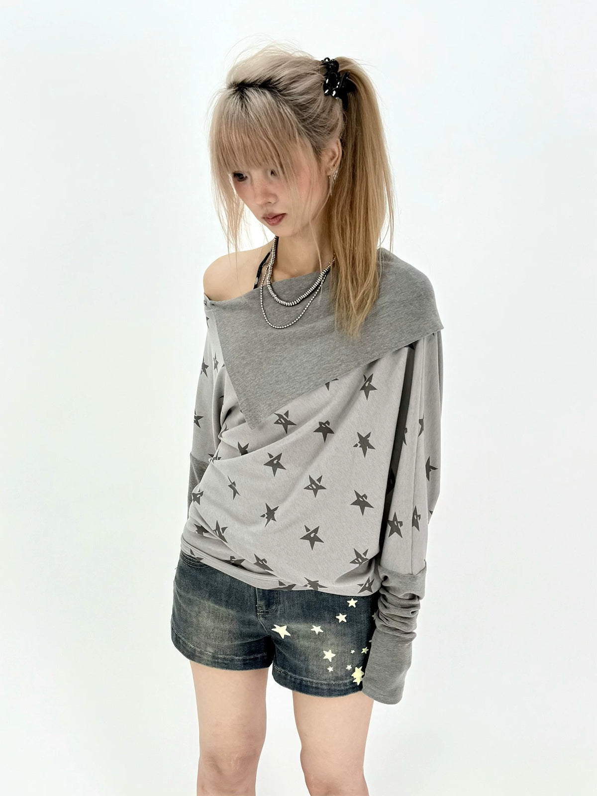 Star Print Draped Off-Shoulder Long Sleeve Top