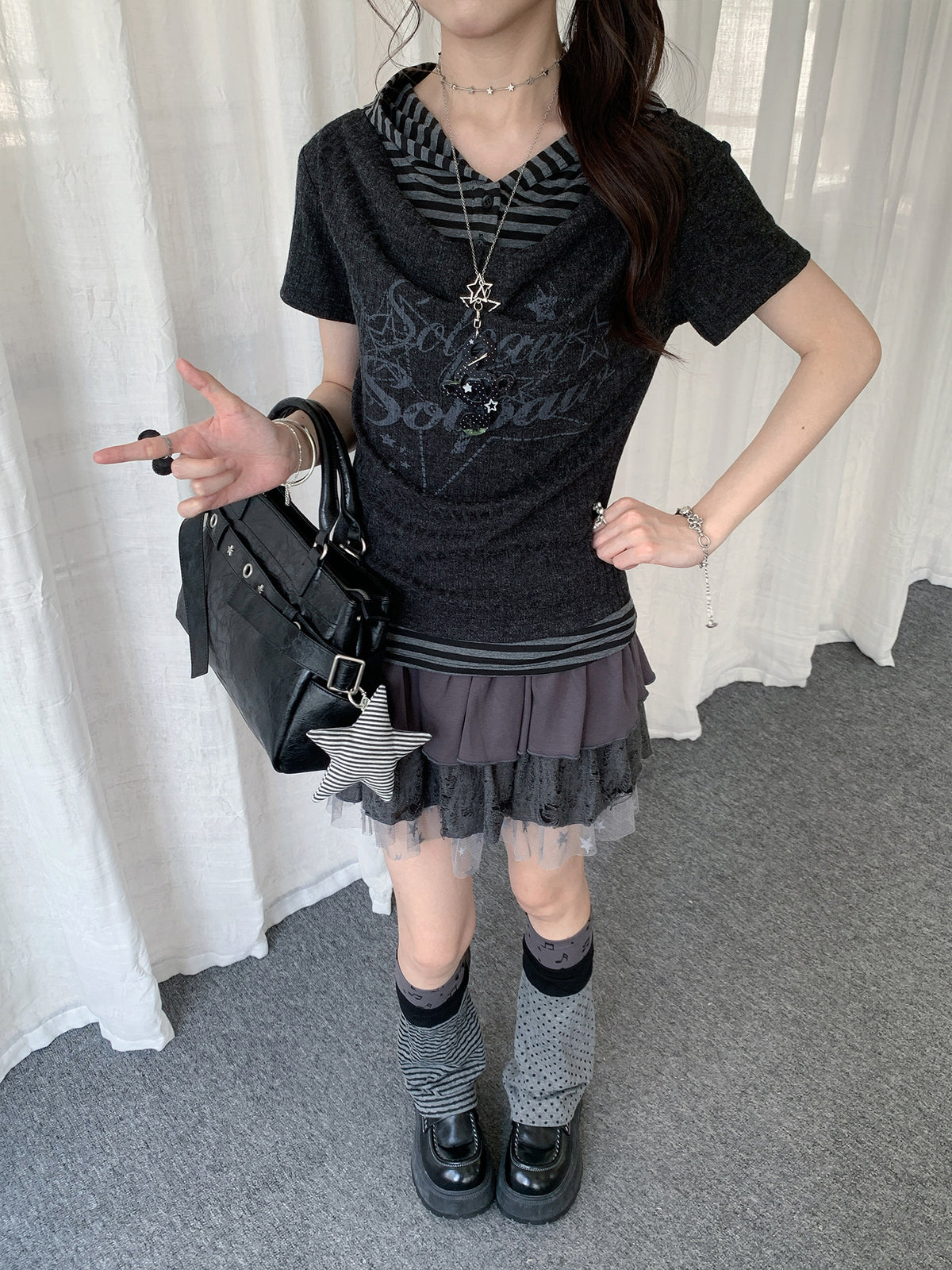 Charcoal Stripe-Layer Hooded Short Sleeve Top