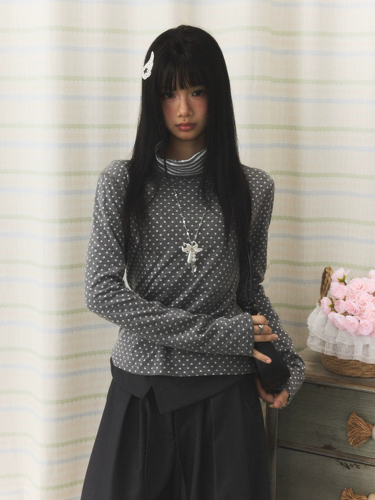 Polka Dot Contrast Turtleneck Long Sleeve Top