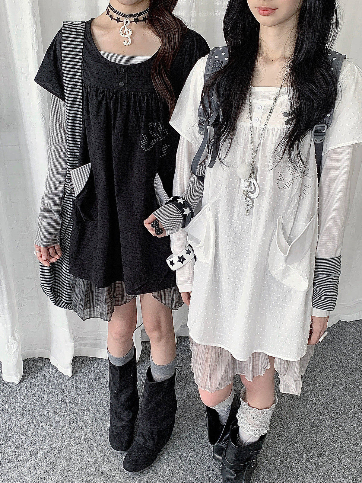 Swiss Dot Faux-Layered Long Sleeve Tunic Dress