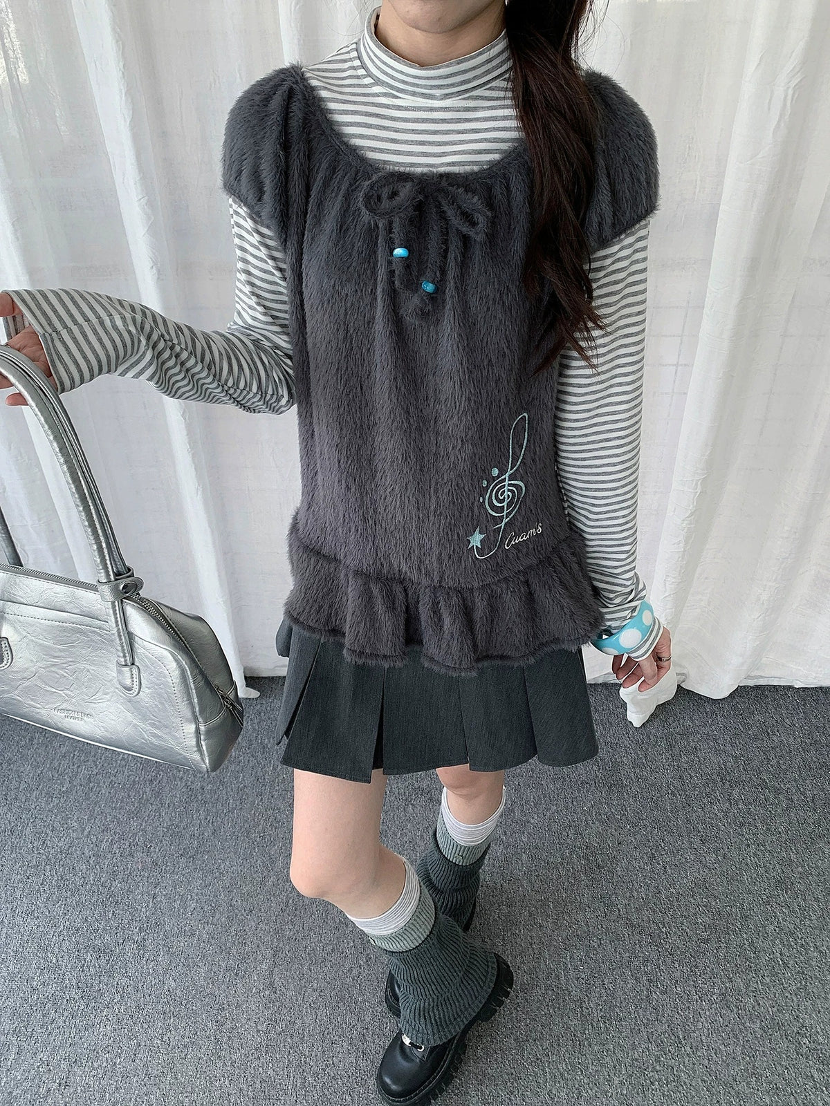 Fuzzy Ruffle Layered Two-Piece Long Sleeve Top Set